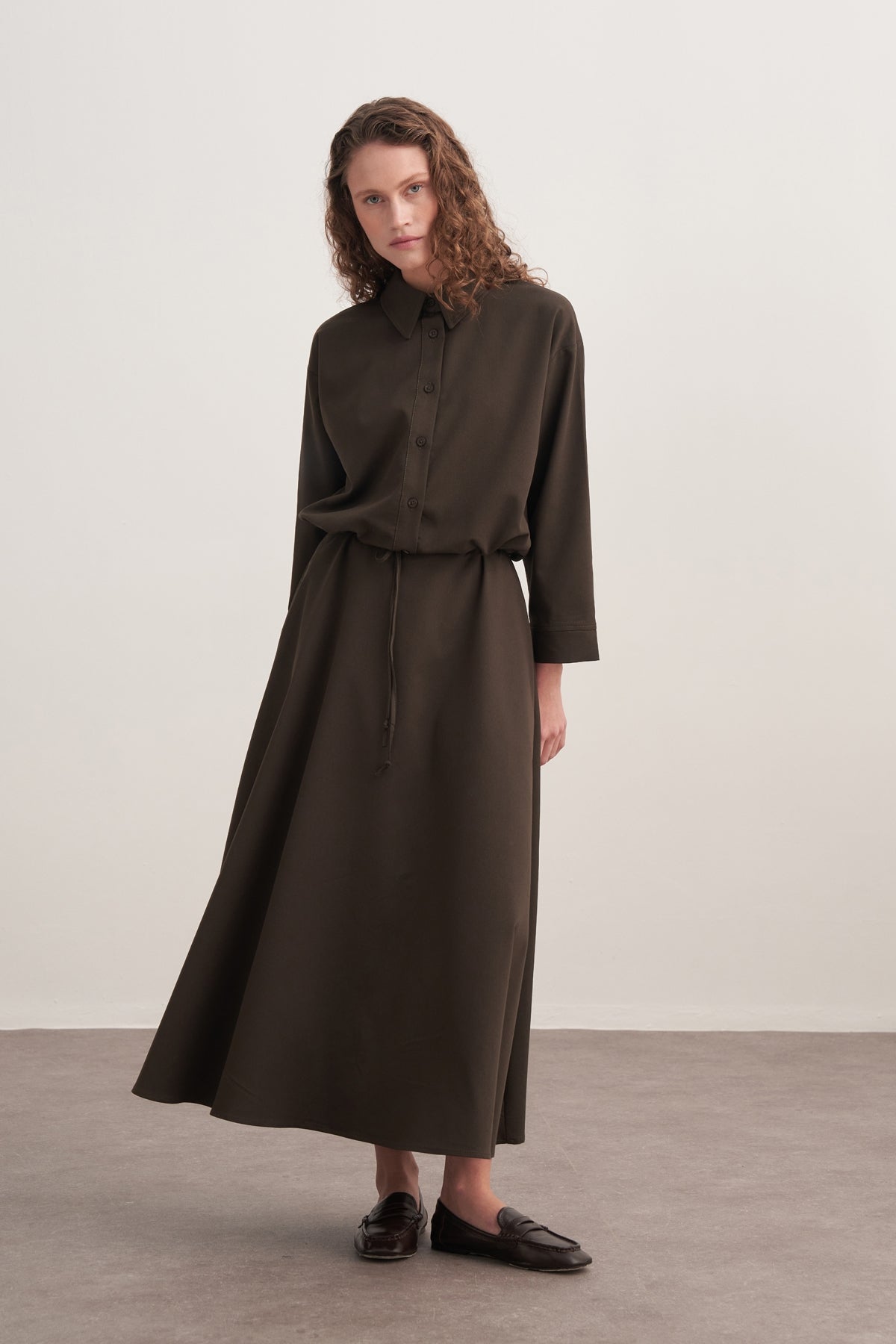 Kadın Gabardin Gömlekli Kloş Etek Takım Koyu Haki