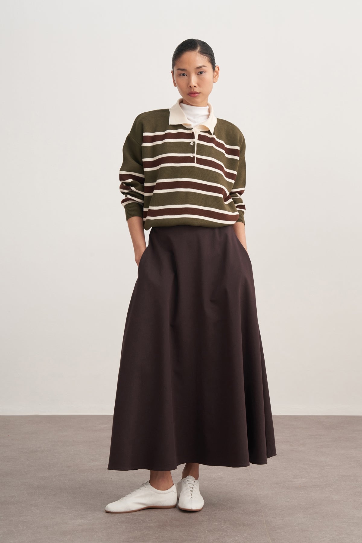 Kadın Çizgili Yakalı Triko Kazak Haki