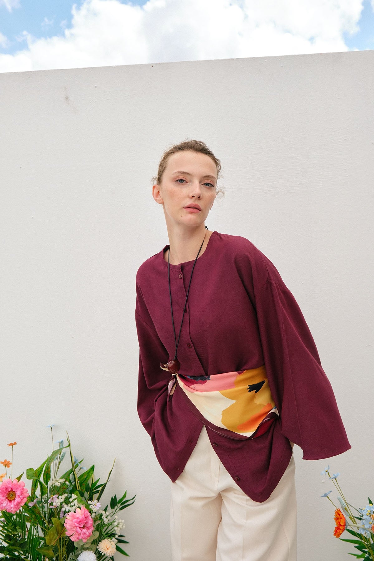 Kadın Dökümlü Pamuklu Kimono Gömlek Bordo