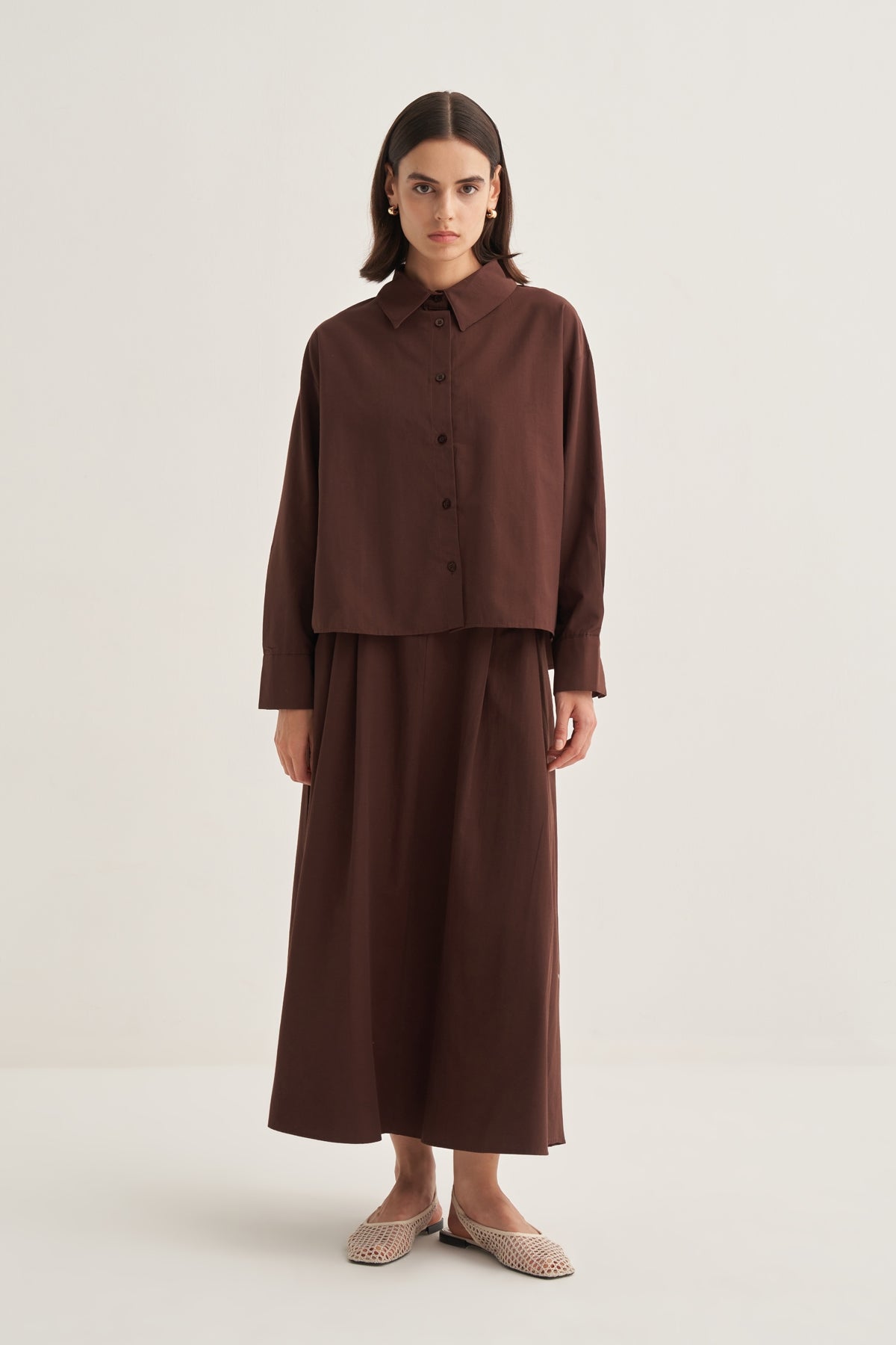 Kadın Poplin Oversize Kısa Gömlek Kahve