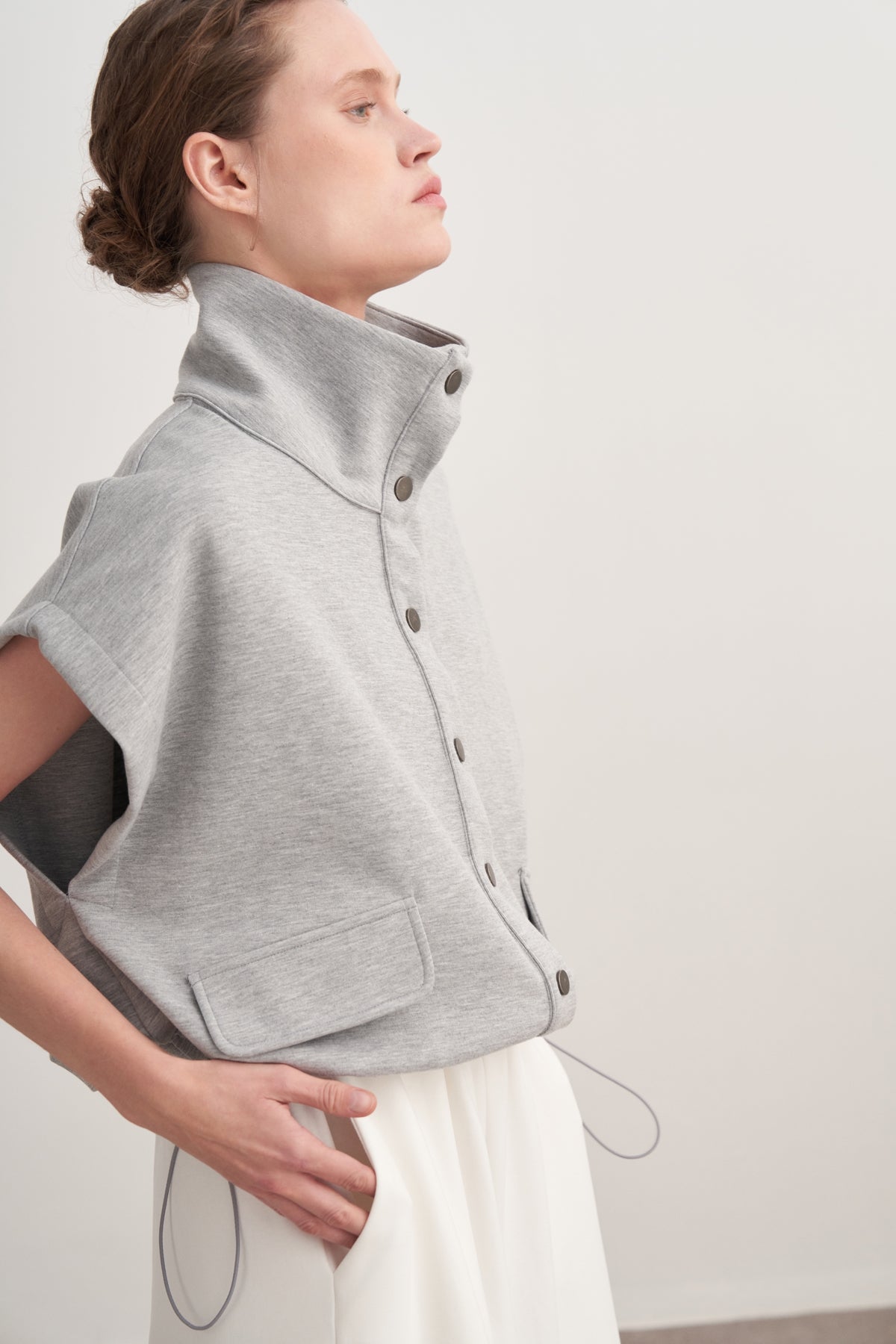 Kadın İnterlok Yüksek Yakalı Yelek Gri Melanj