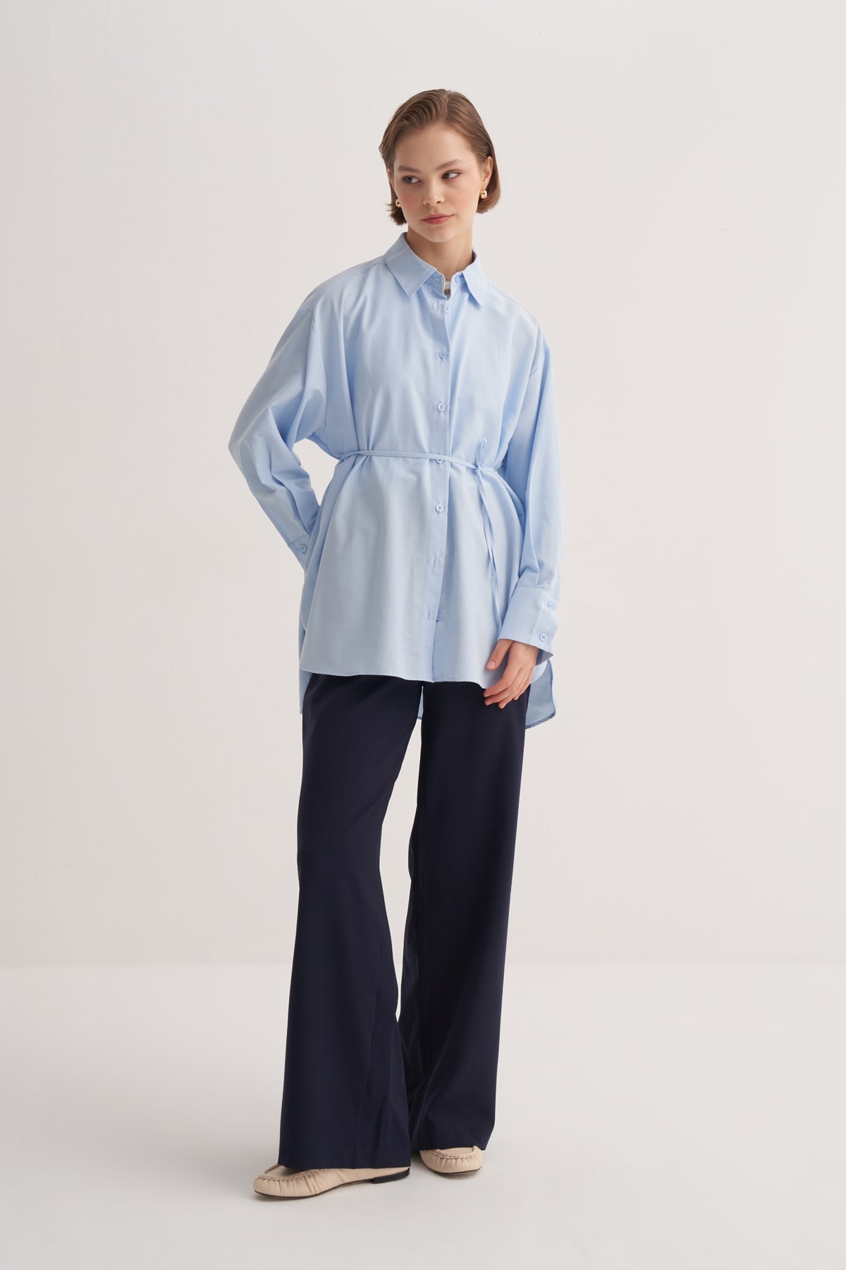 Kadın Poplin Oversize Robalı Gömlek Mavi