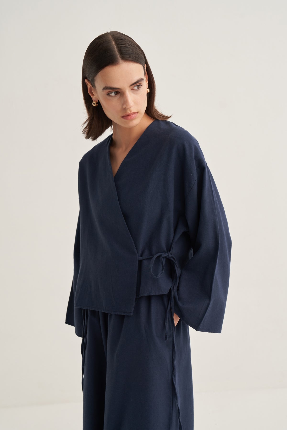 Kadın Organik Pamuk Kısa Kimono Lacivert