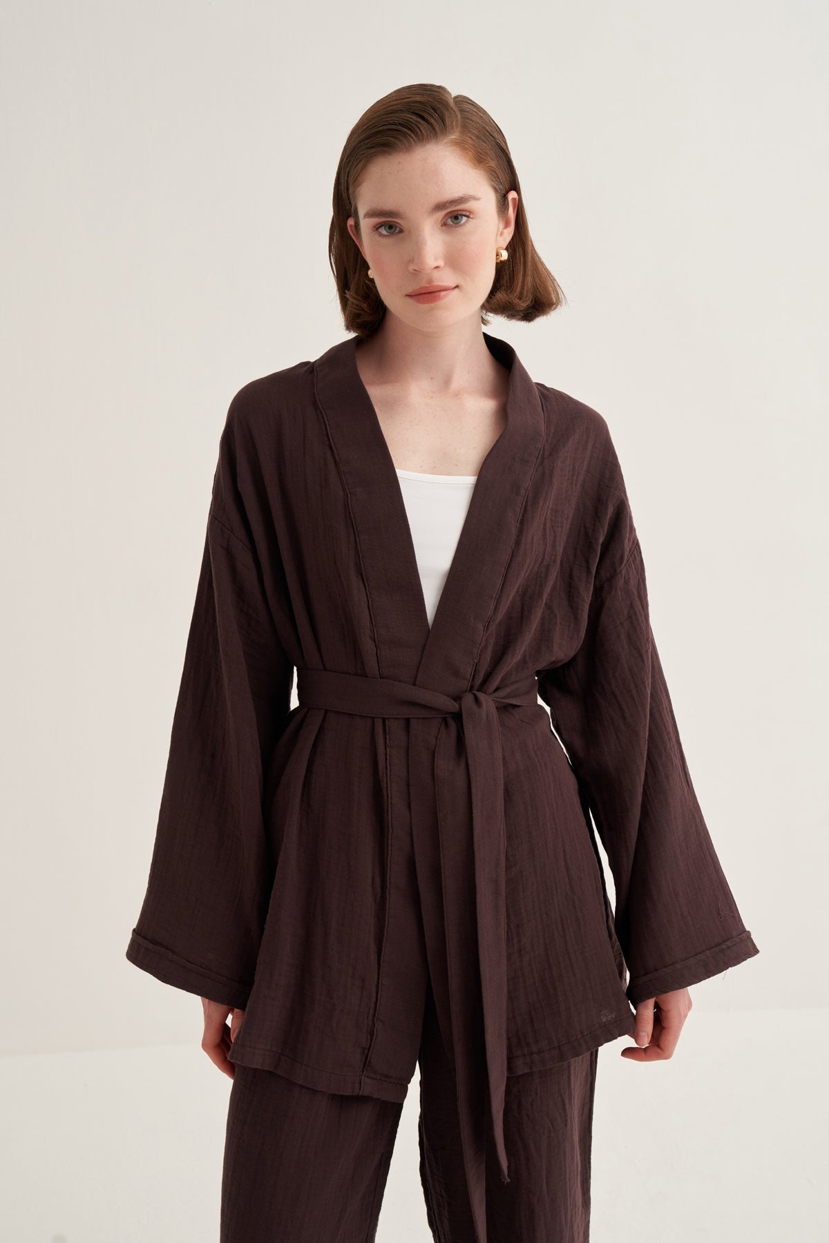 Kadın Müslin Kimono Takım Acı Kahve