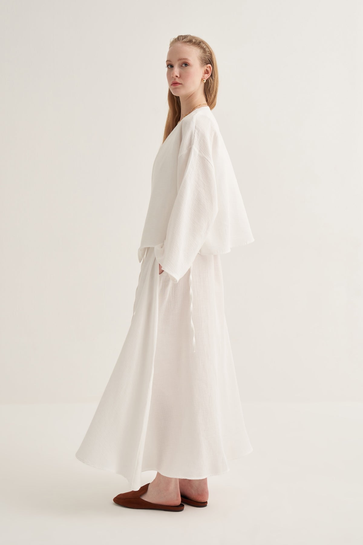Kadın Müslin Kimono Etek Takım Ekru