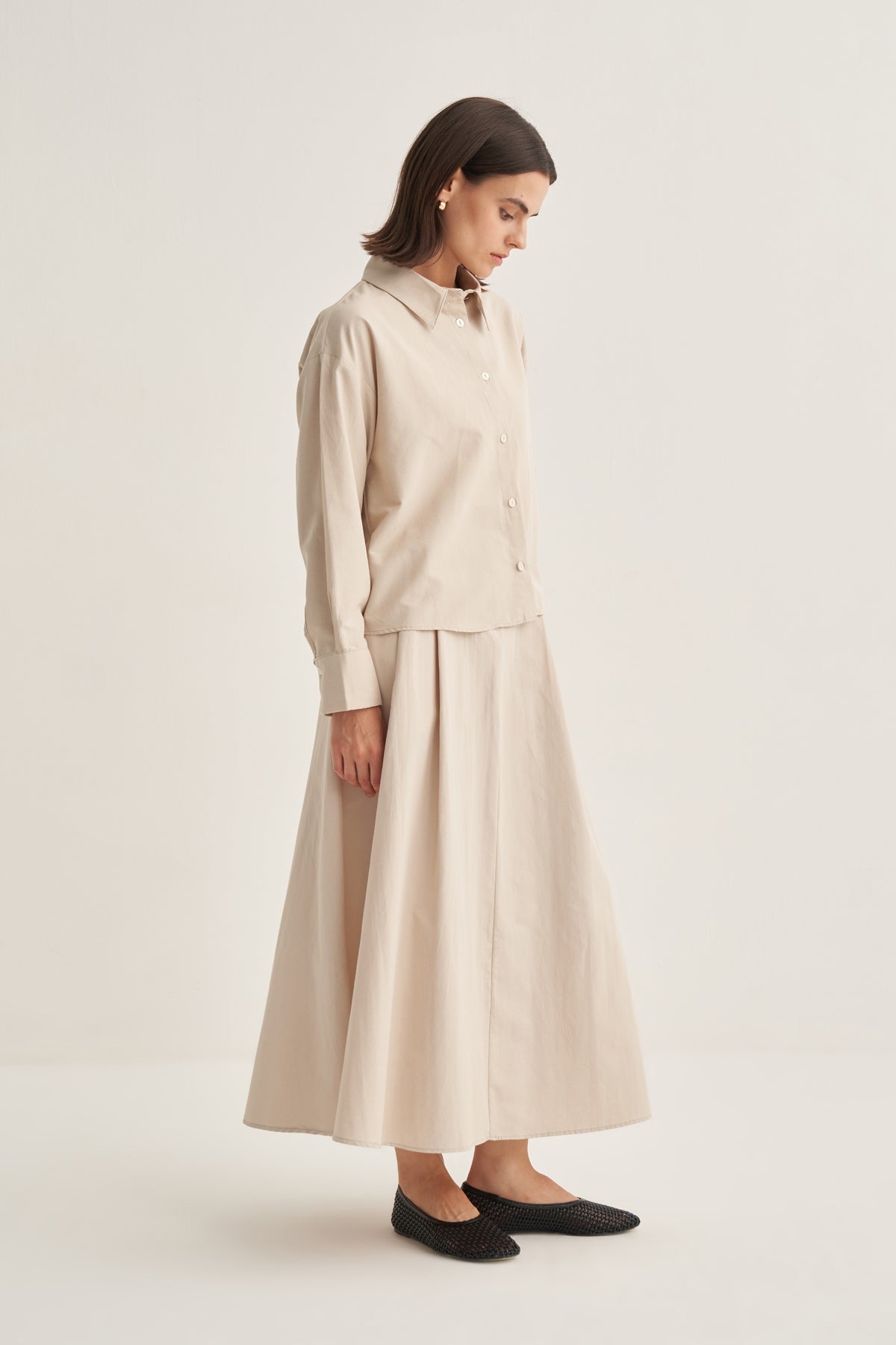 Kadın Poplin Oversize Kısa Gömlek Bej