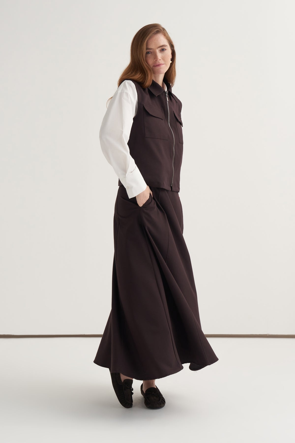 Kadın Gabardin Yelekli Etek Takım Acı Kahve