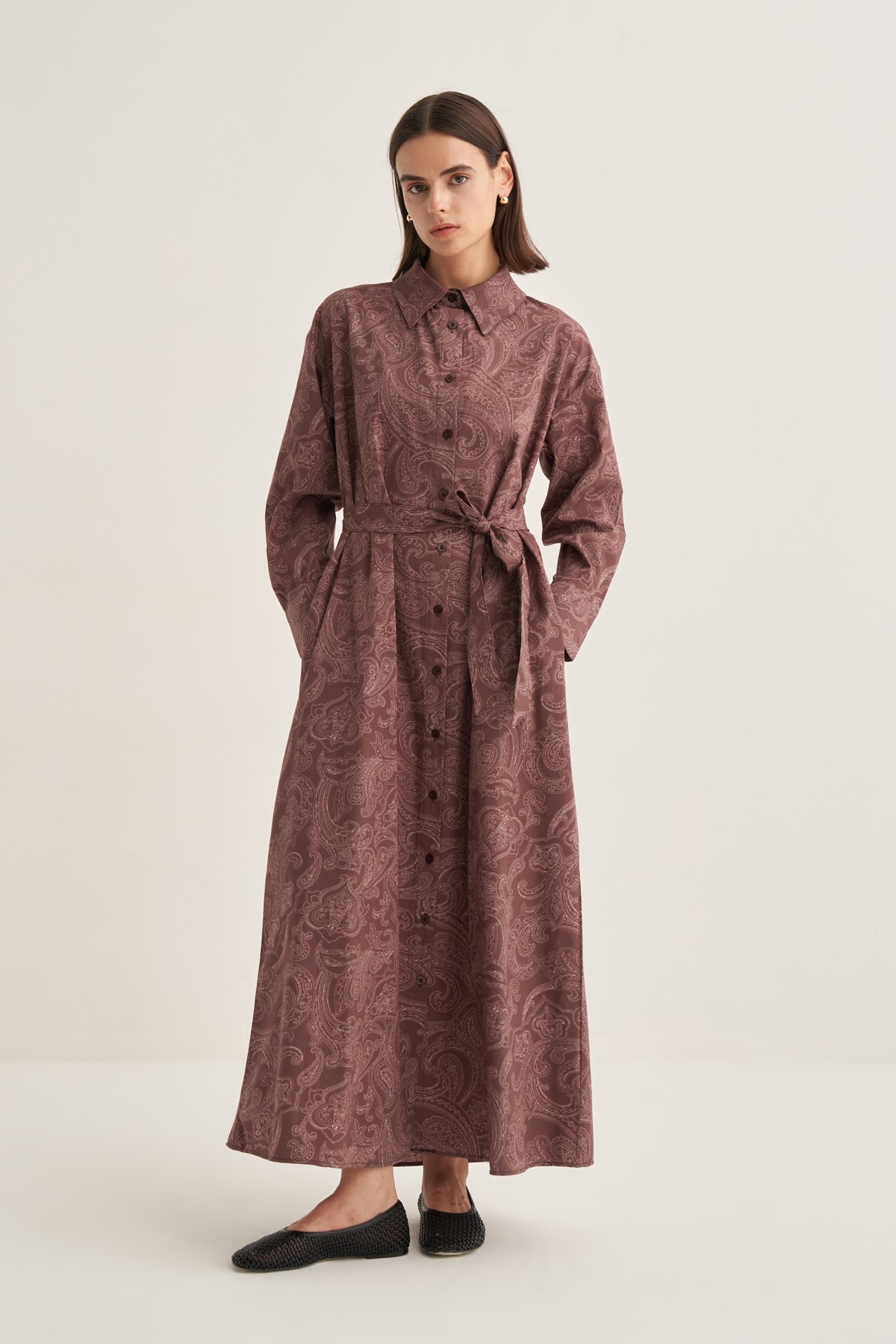 Kadın Poplin Gömlek Elbise Paisley Desen Kahve