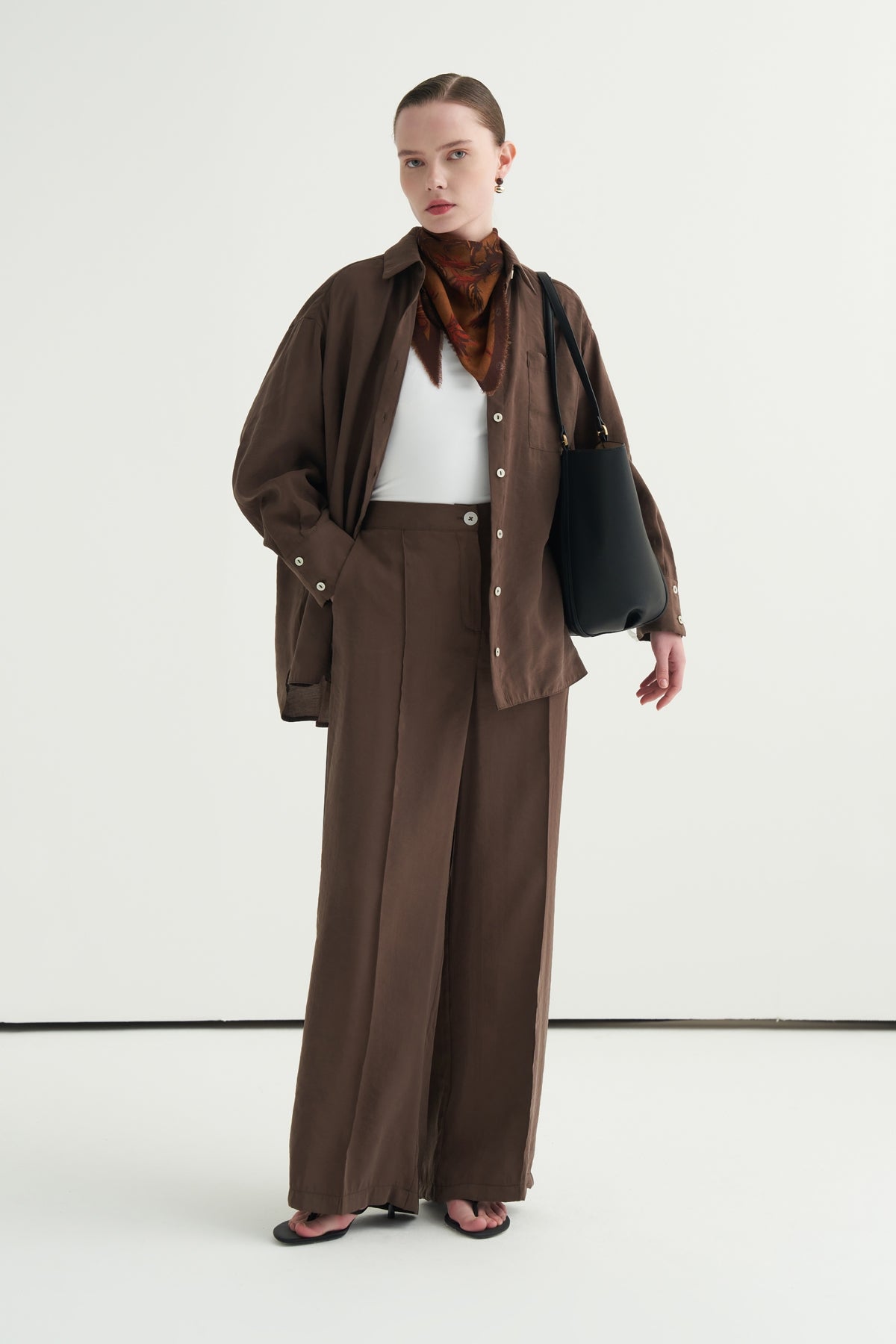 Kadın Modal Oversize Gömlek Pantolon Takım Kahve
