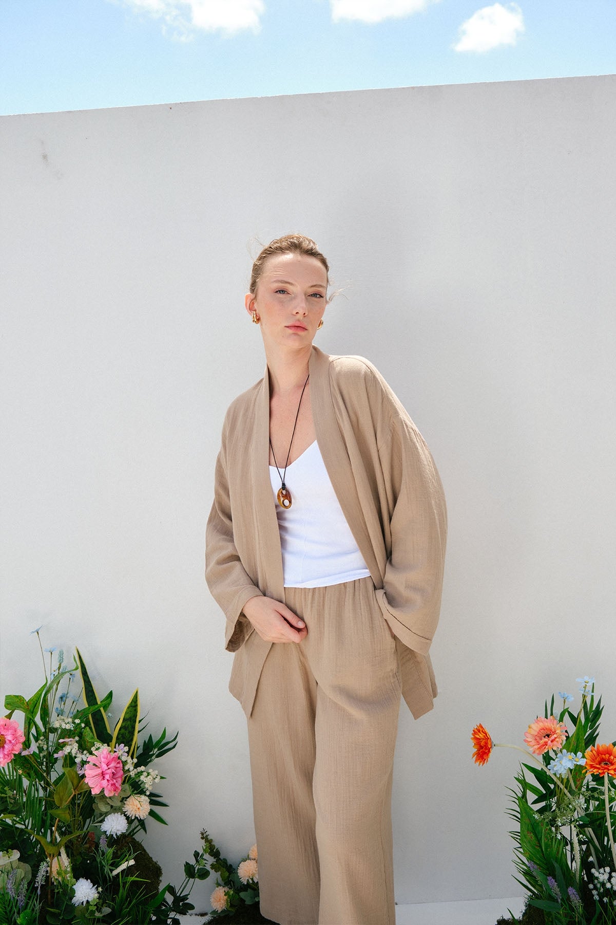 Kadın Müslin Kimono Takım Vizon