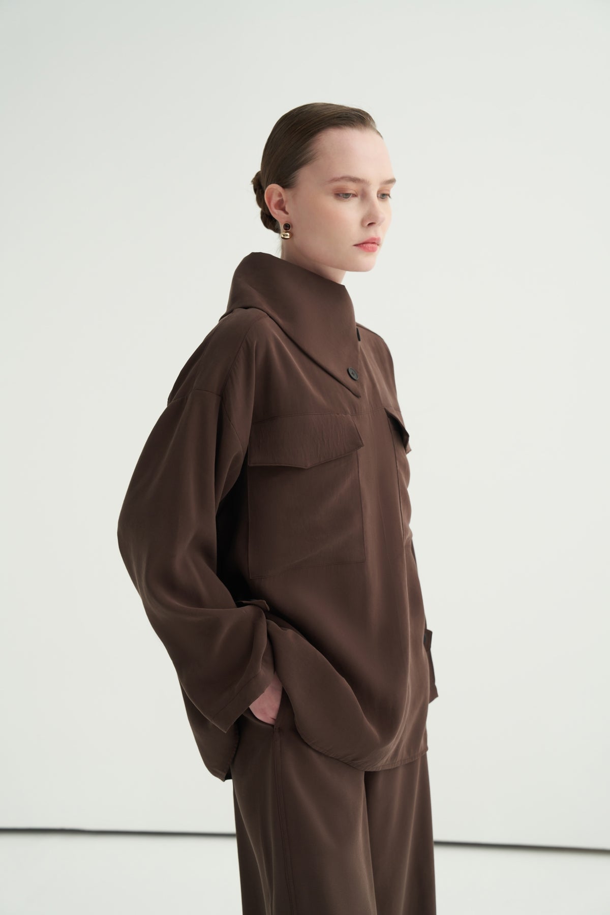 Kadın Modal Düğmeli Bluz Kahve