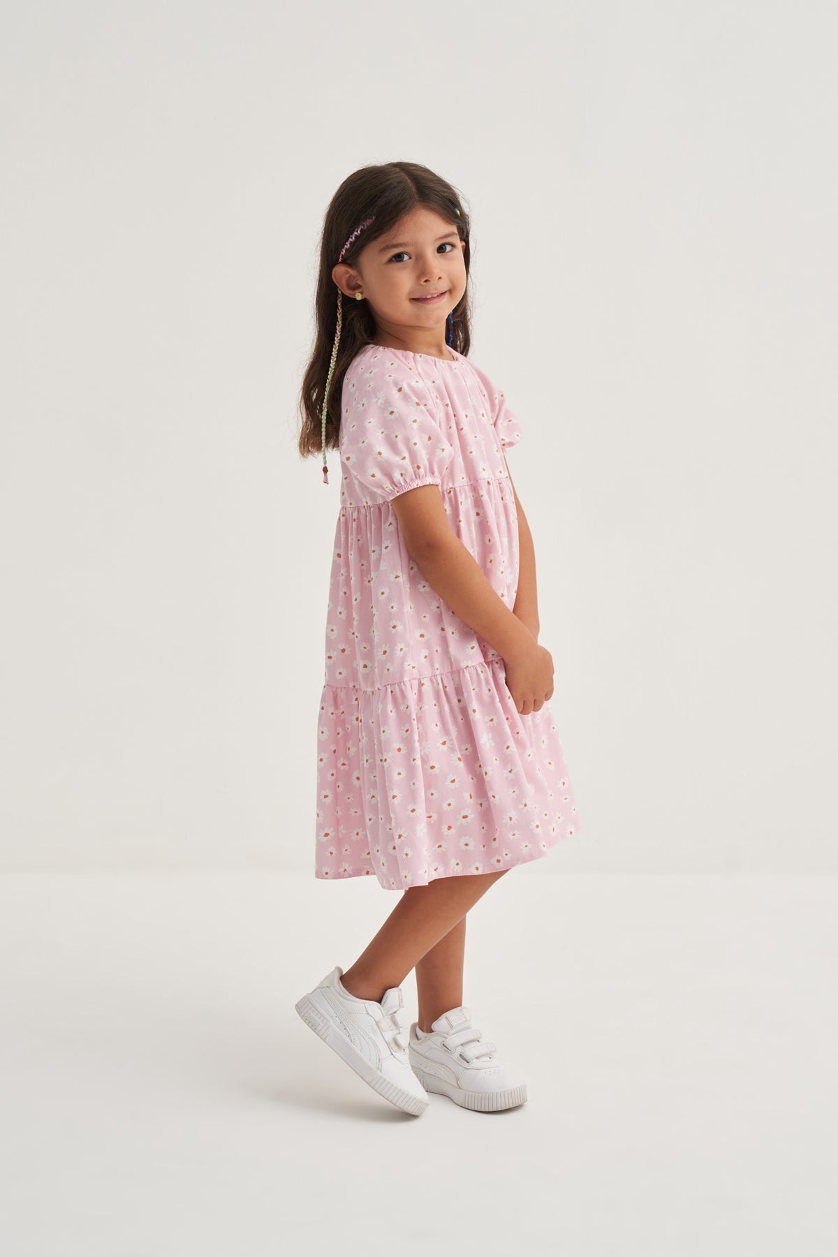 Kız Çocuk Poplin Baskılı Reglan Elbise Pembe