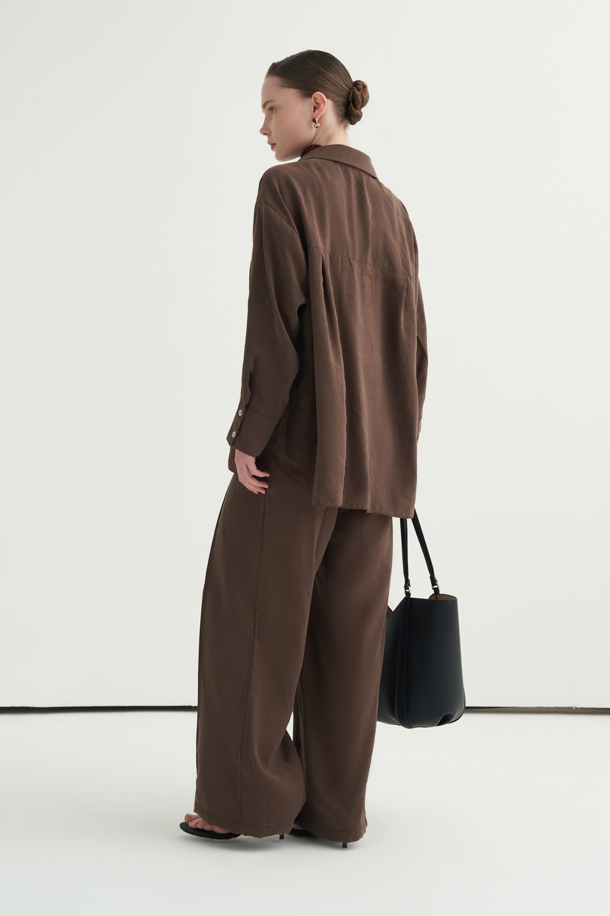 Kadın Modal Oversize Gömlek Pantolon Takım Kahve