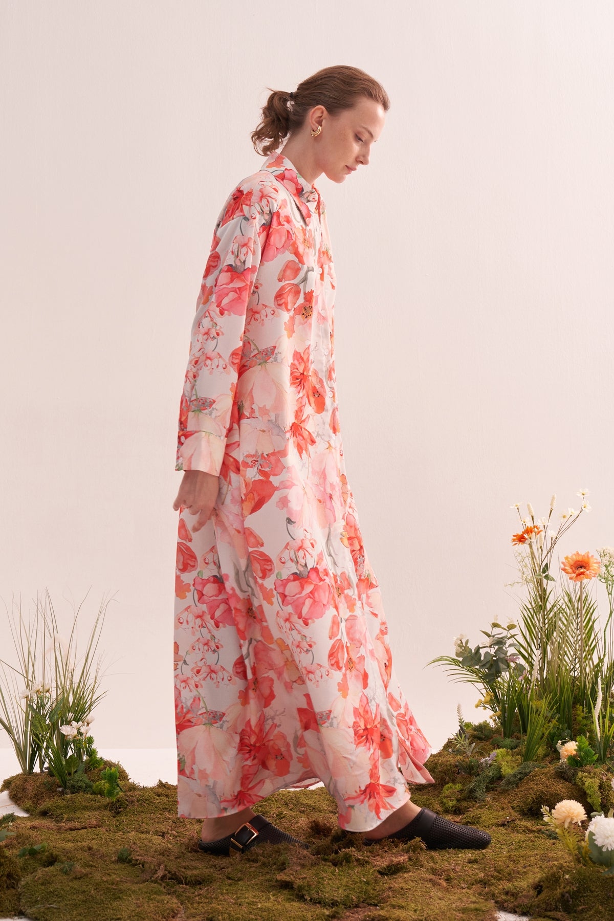 Kadın Desenli Oversize Gömlek Elbise Pembe Çiçekli Desen