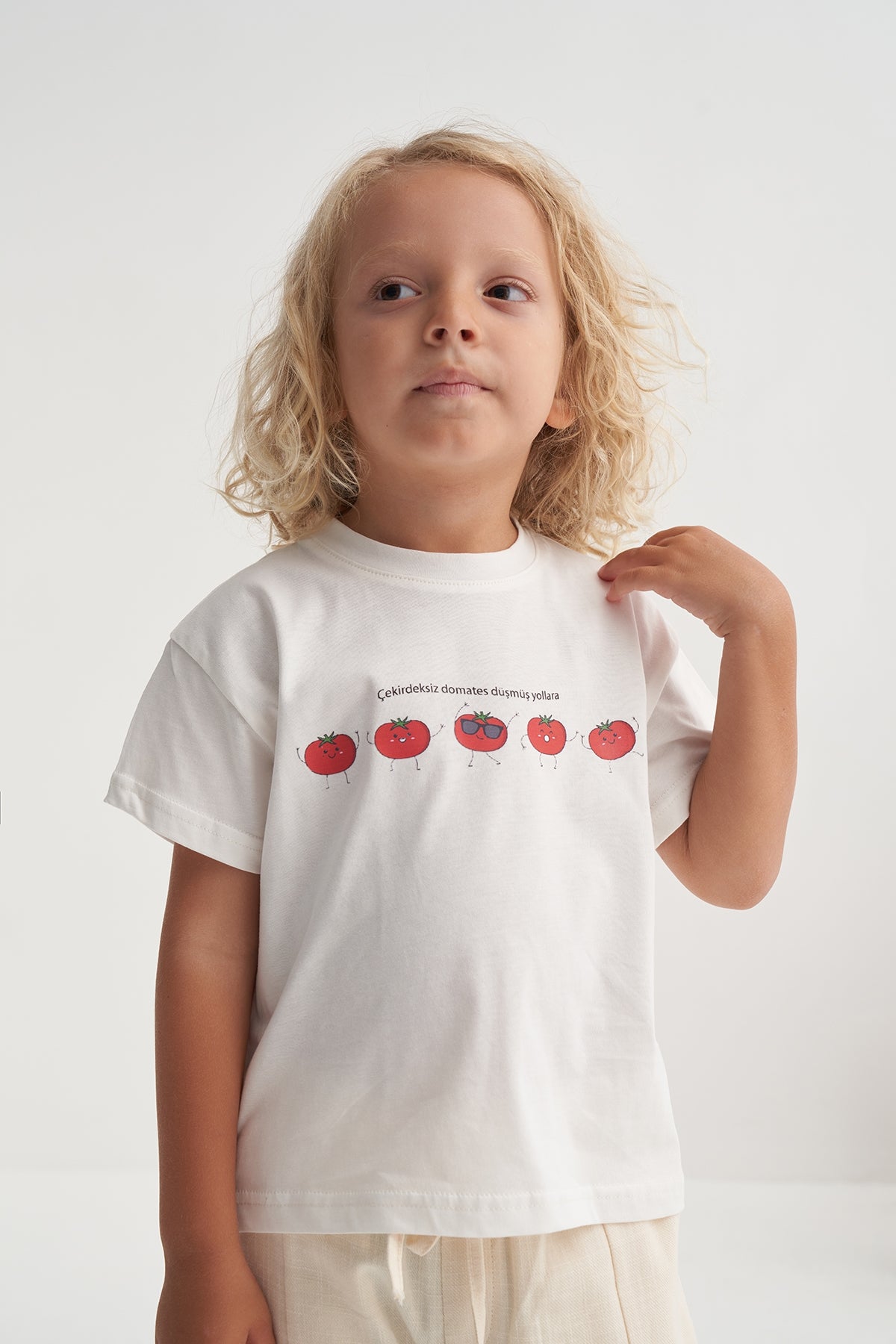 Unisex Çocuk Örme Kısa Kollu Tshirt Domates Baskı Ekru