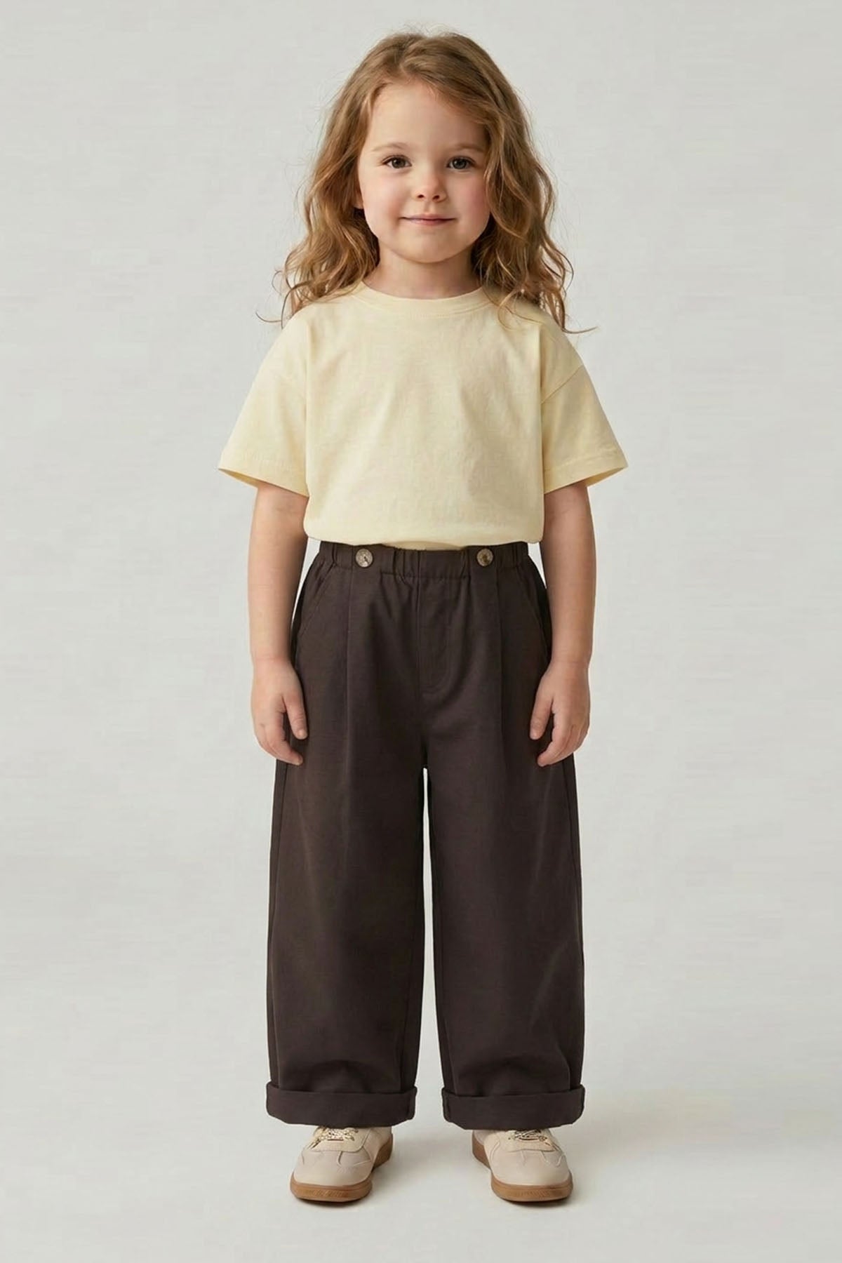 Unisex Çocuk Pileli Pantolon Tişört Takım Sarı/Kahve