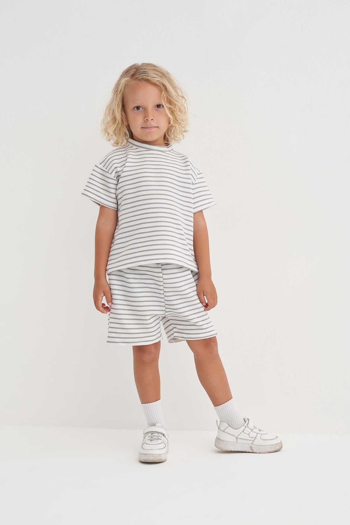 Unisex Çocuk Örme Waffle Takım Gri Çizgili