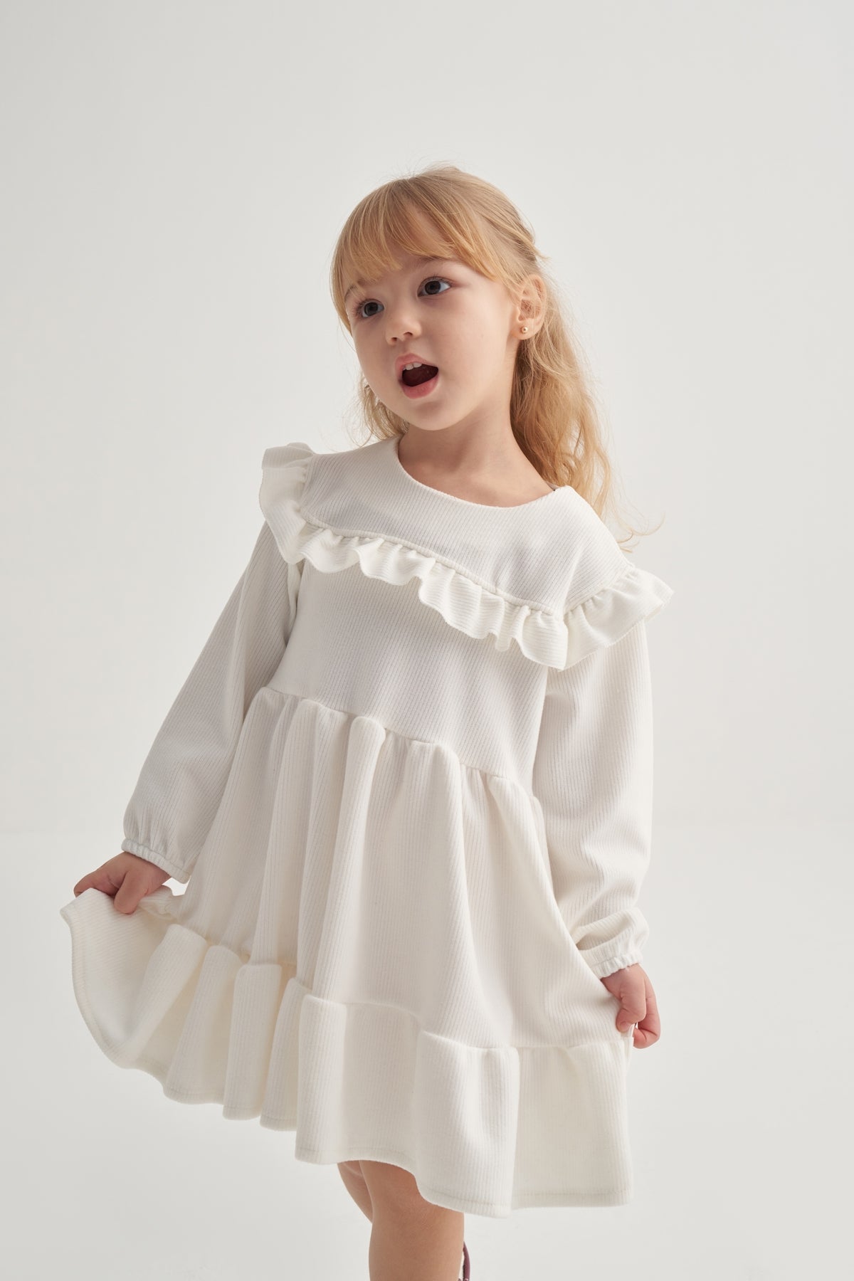 Kız Çocuk Fitilli Kat Kat Fırfırlı Elbise Ekru