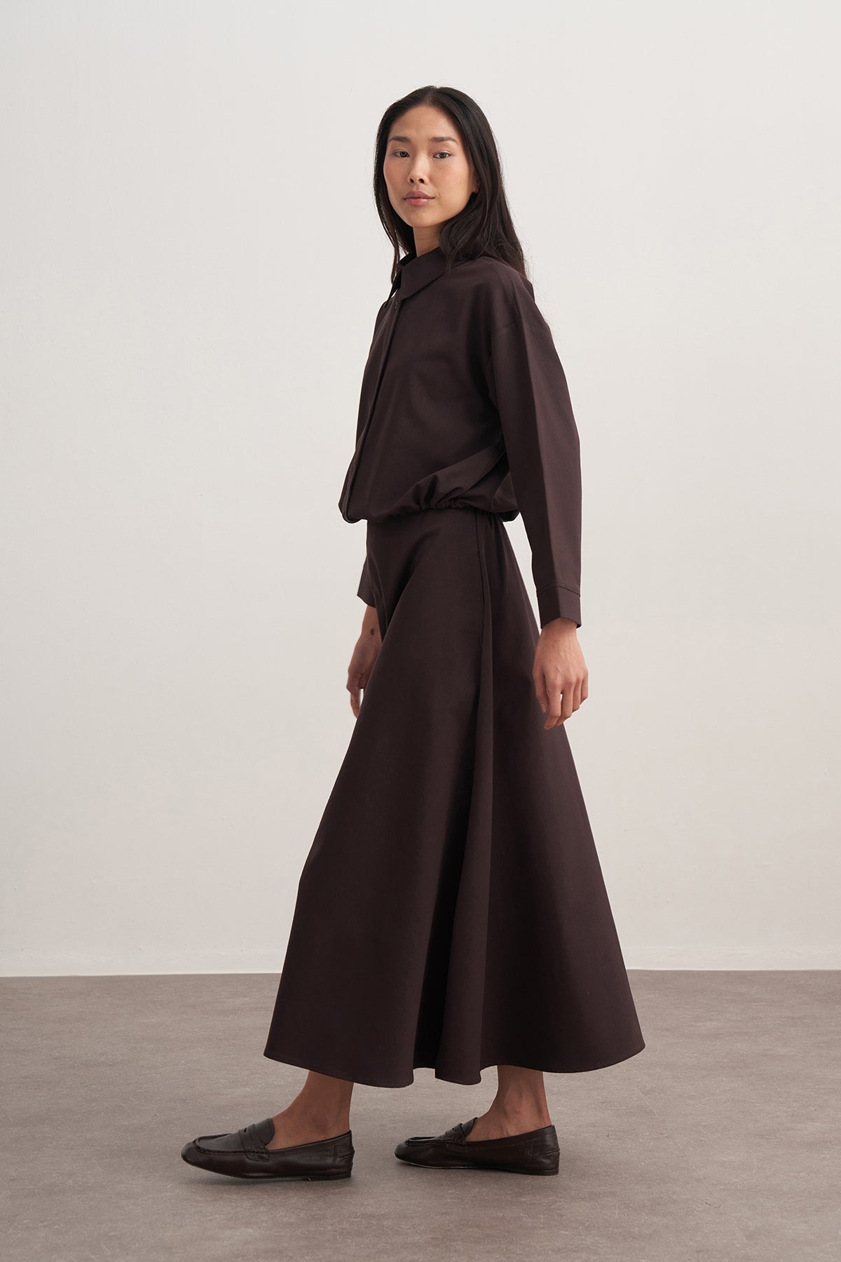 Kadın Gabardin Gömlekli Kloş Etek Takım Kahve