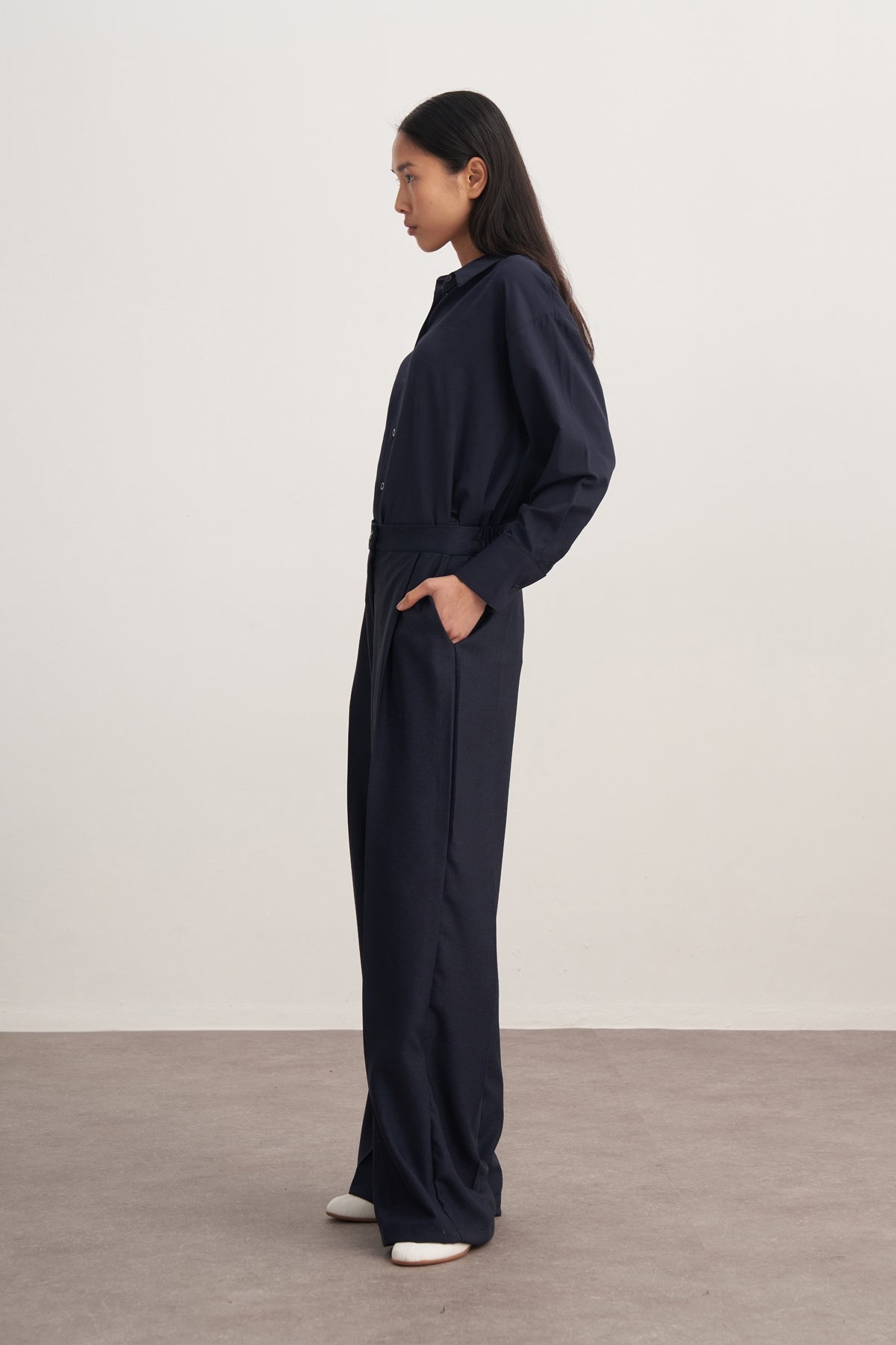 Kadın Dökümlü Pileli Palazzo Pantolon Lacivert