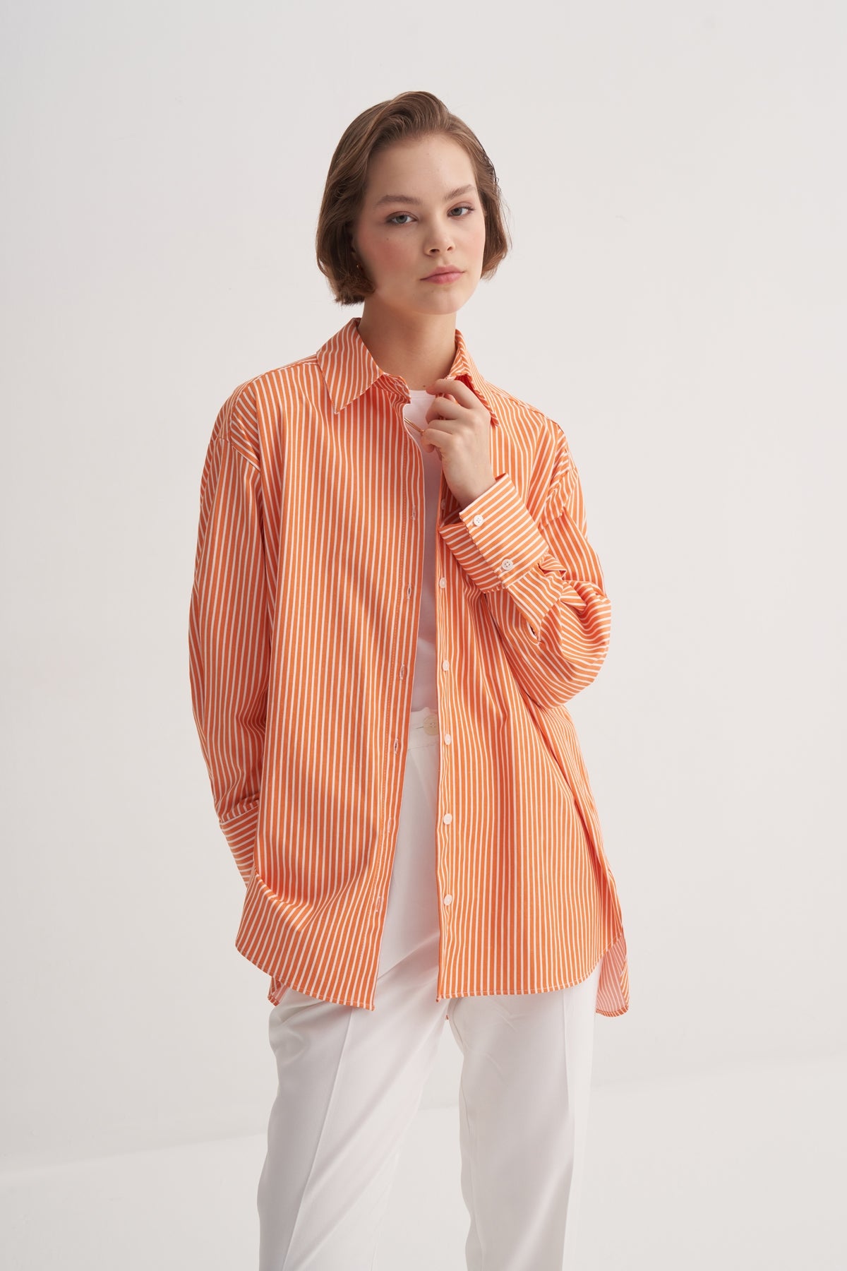 Kadın Poplin Oversize Robalı Gömlek Çizgili Turuncu