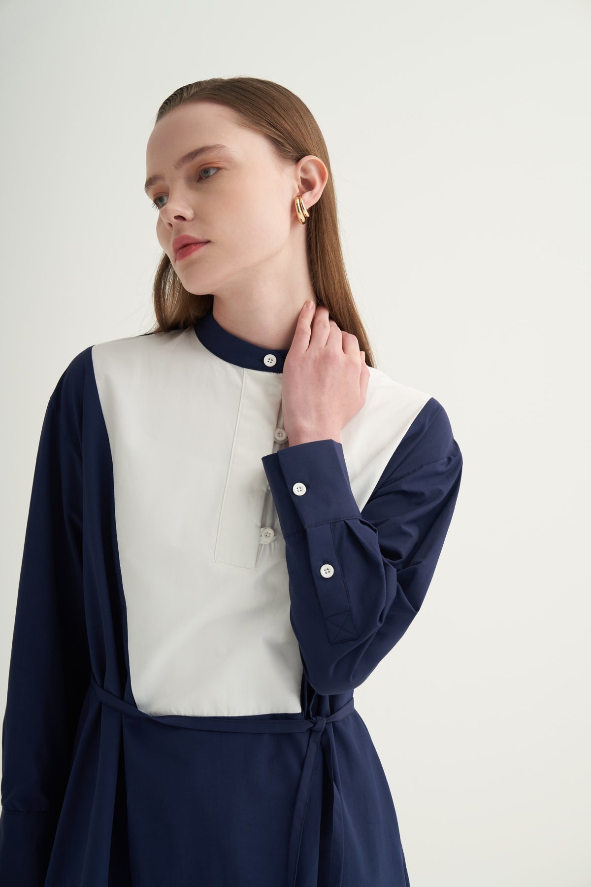 Kadın Hakim Yaka Kontrast Tunik Lacivert