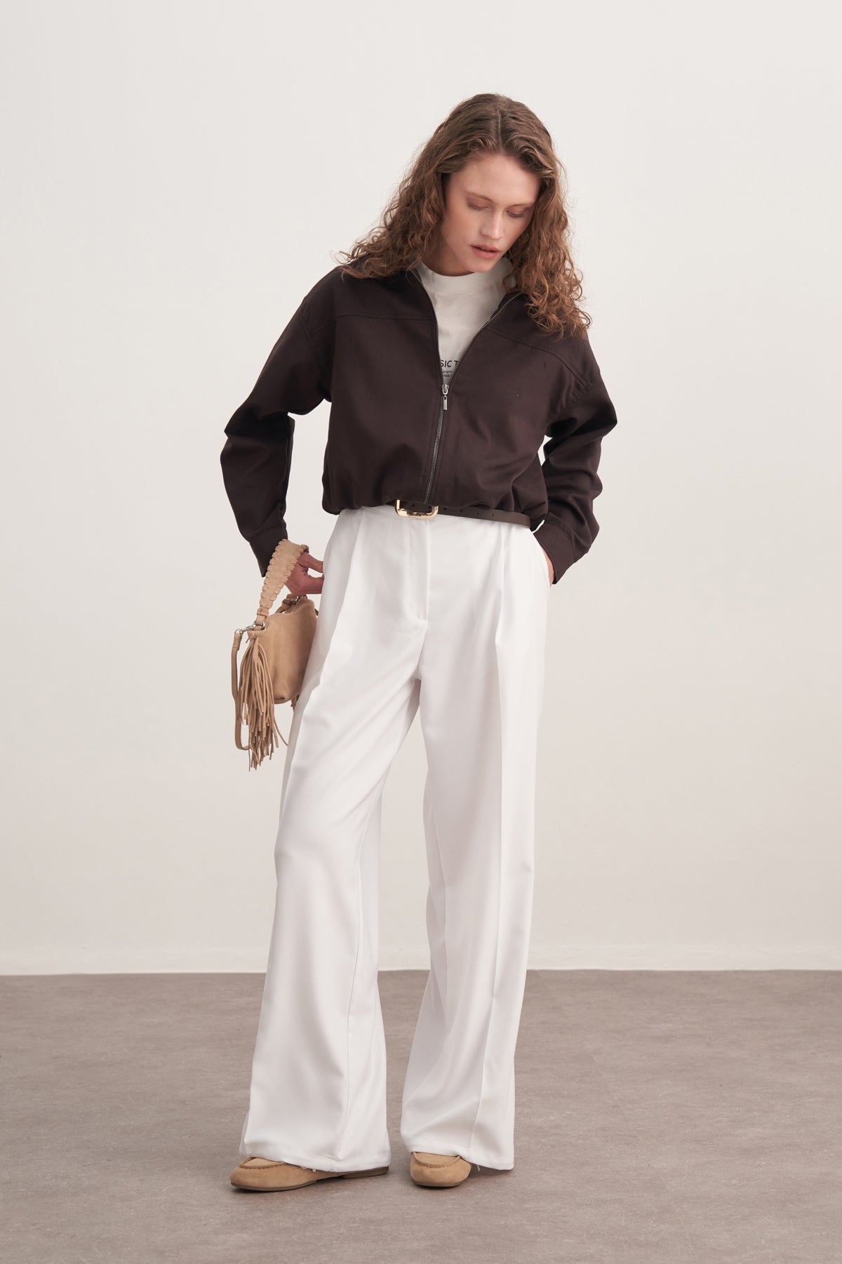 Kadın Dökümlü Pileli Palazzo Pantolon Ekru