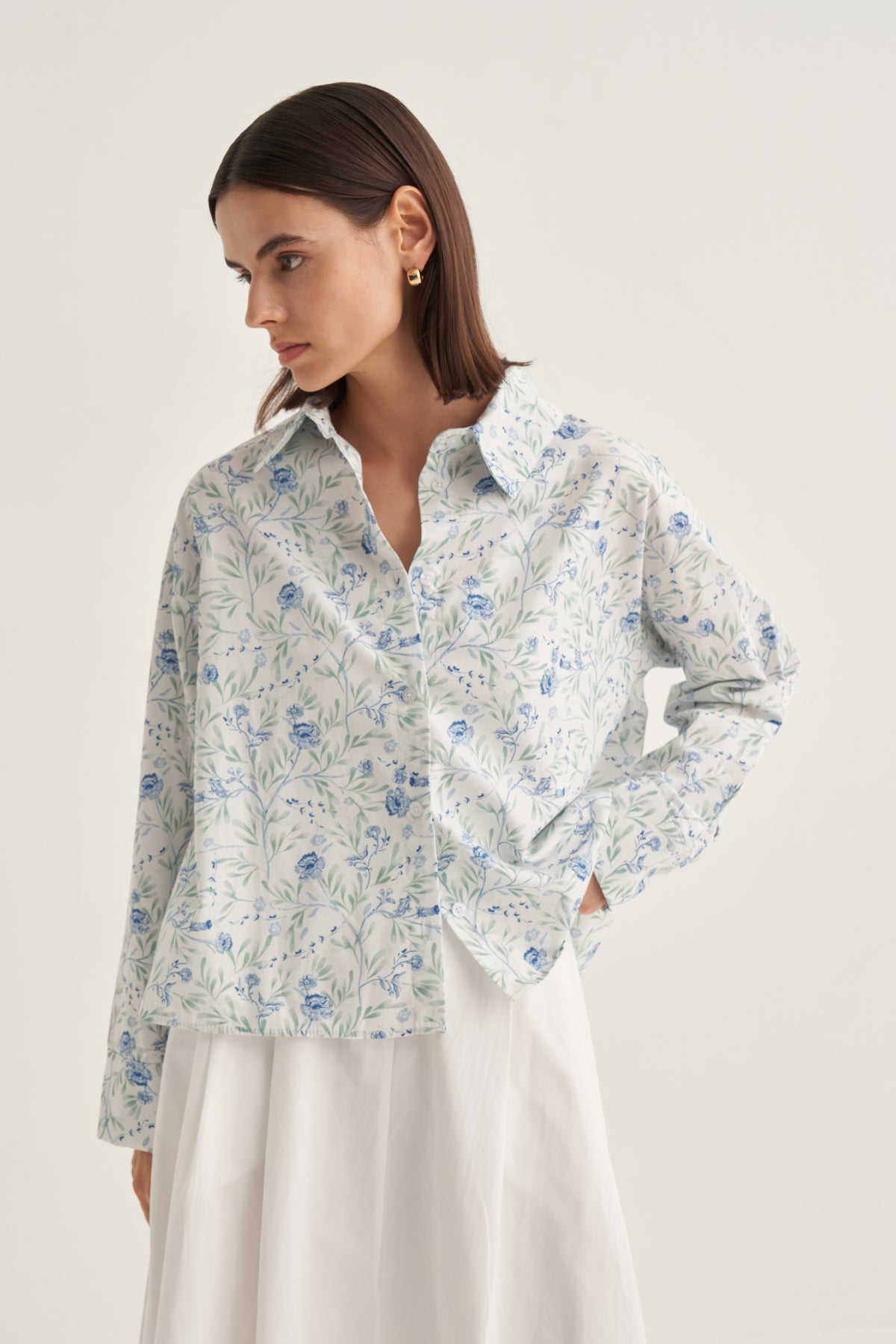 Kadın Poplin Oversize Kısa Gömlek Aster Desen Ekru