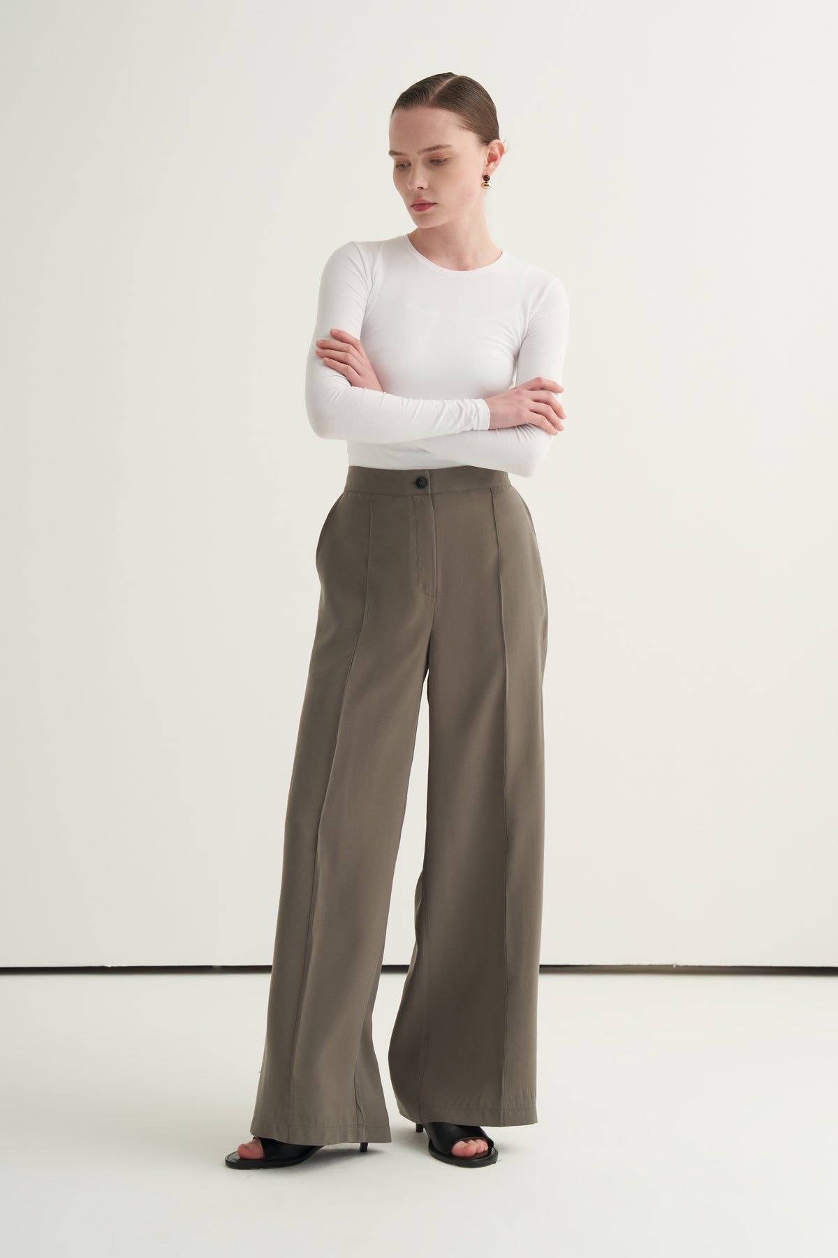 Kadın Modal Nervürlü Palazzo Pantolon Haki