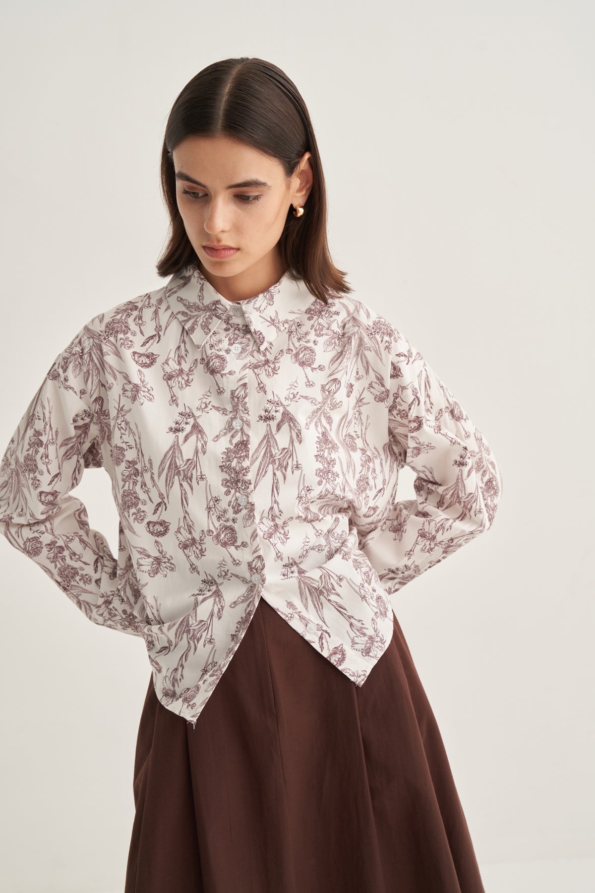 Kadın Poplin Oversize Kısa Gömlek Garden Desen Kahve