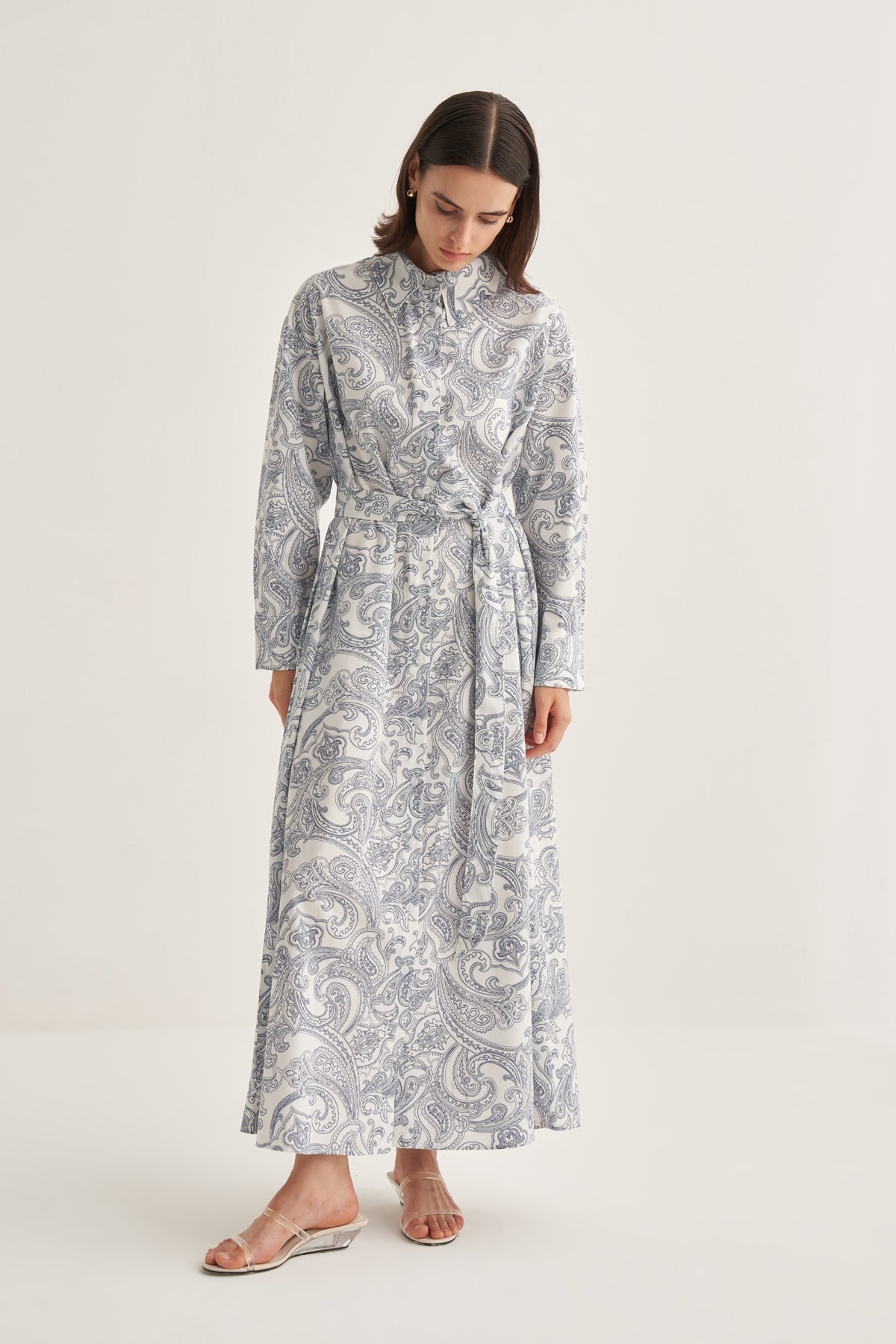 Kadın Poplin Gömlek Elbise Paisley Desen Lacivert