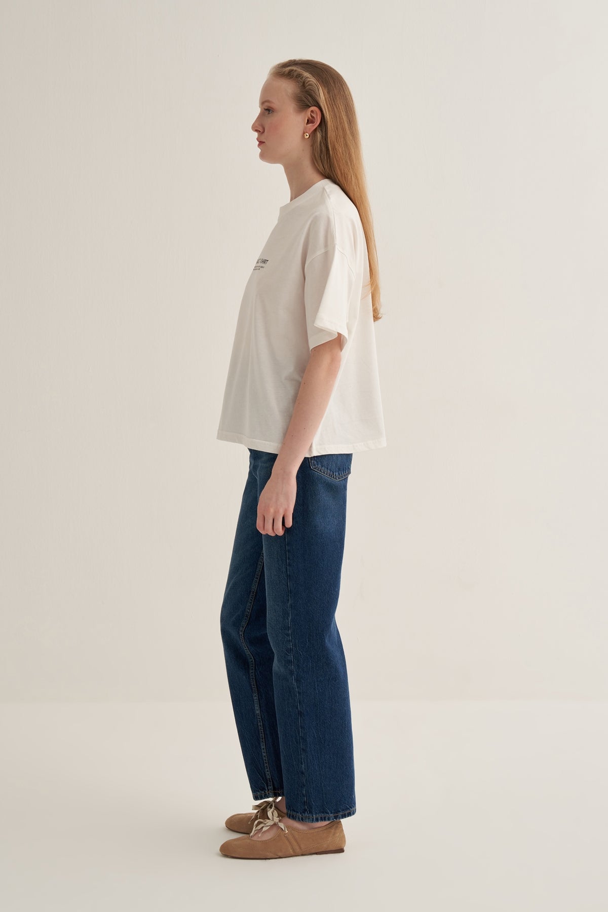 Kadın Oversize Tişört Yazı Baskılı Ekru