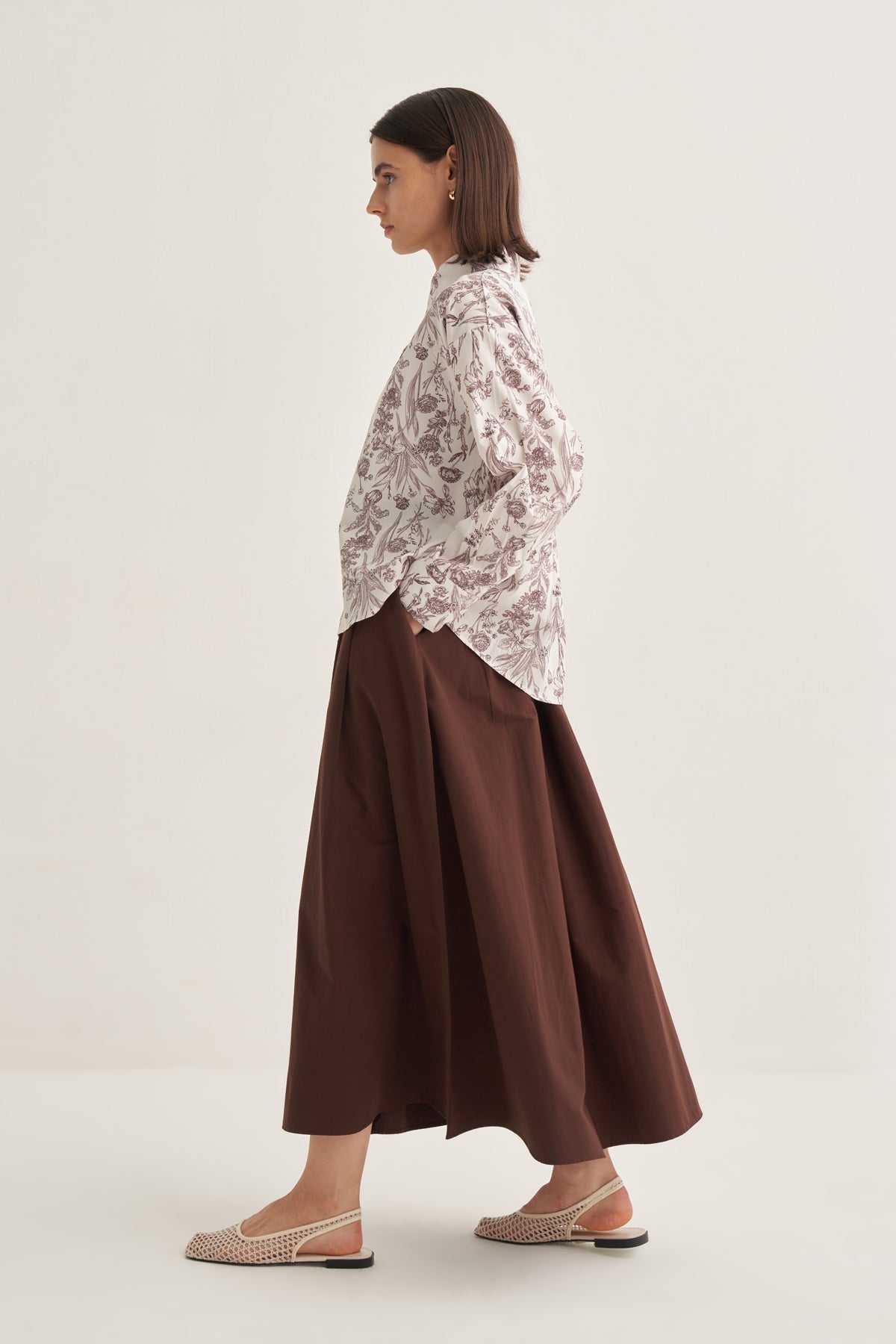 Kadın Poplin Oversize Kısa Gömlek Garden Desen Kahve