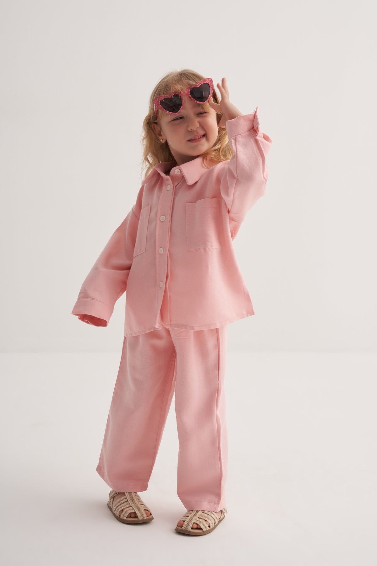Unisex Çocuk Cupra Dökümlü Pamuklu Gömlek Pembe
