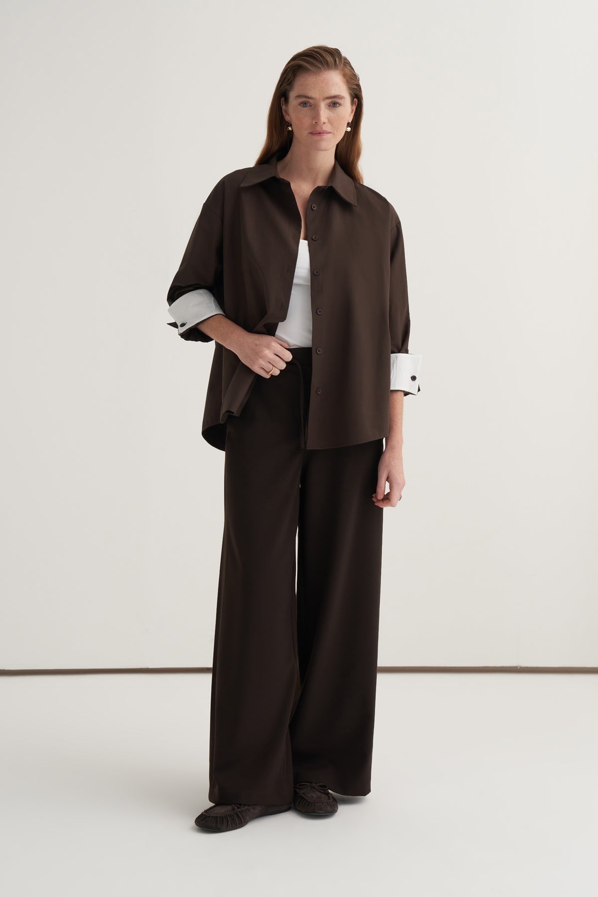 Kadın Poplin Kontrast Manşetli Gömlek Acı Kahve