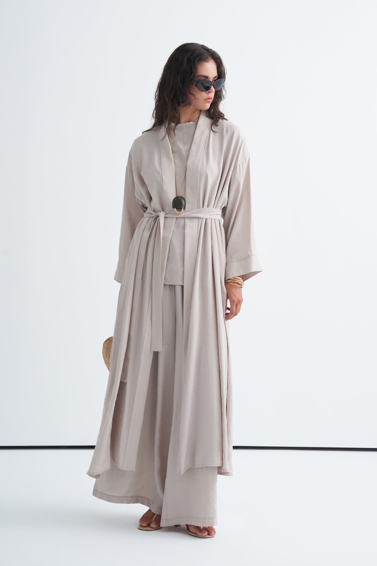 Modal 3'lü Pantolon Bluzlu Abaya Takım Açık Bej