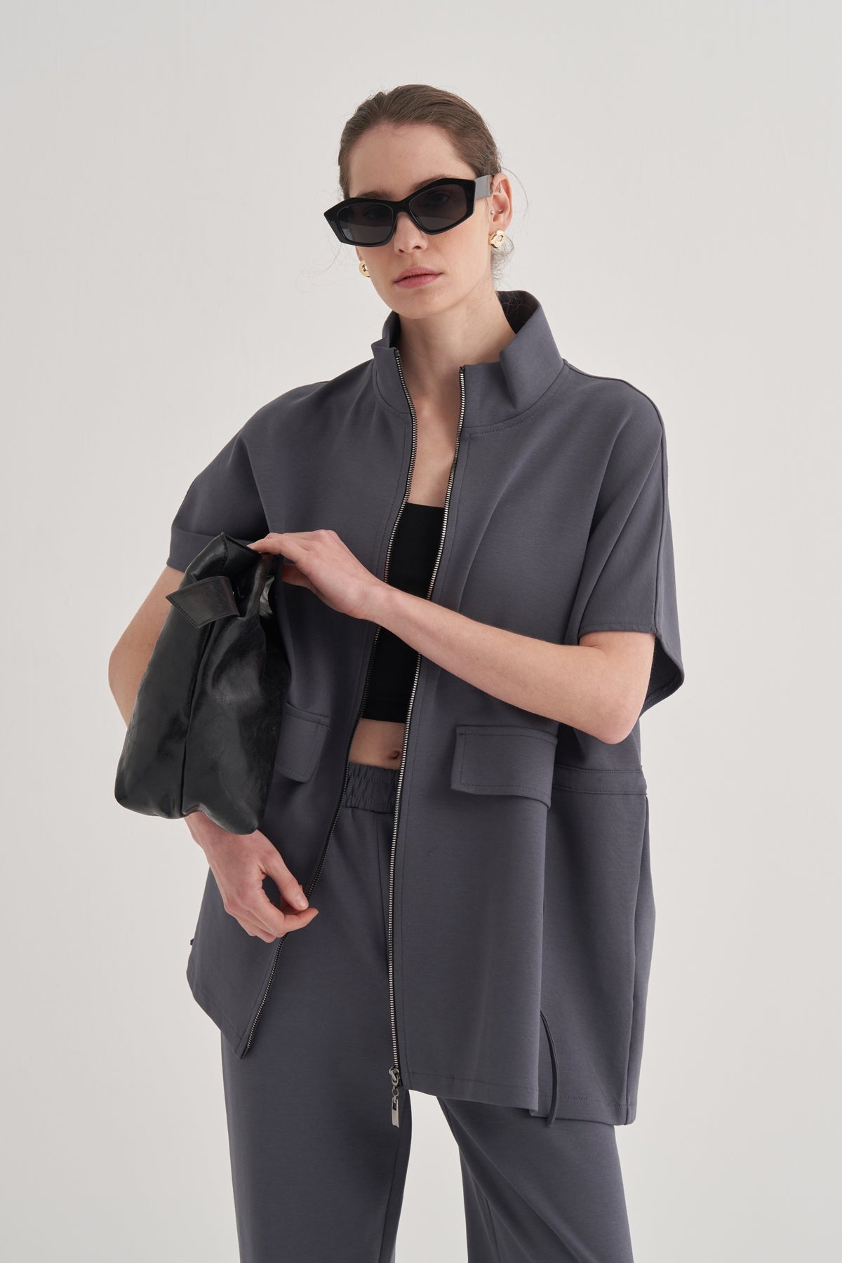 Kadın İnterlok Oversize Yelek Pantolon Takım Füme