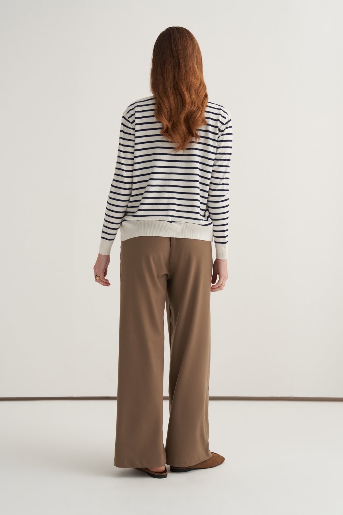 Kadın Viskon Triko Tişörtlü Hırka Takım Lacivert Çizgili