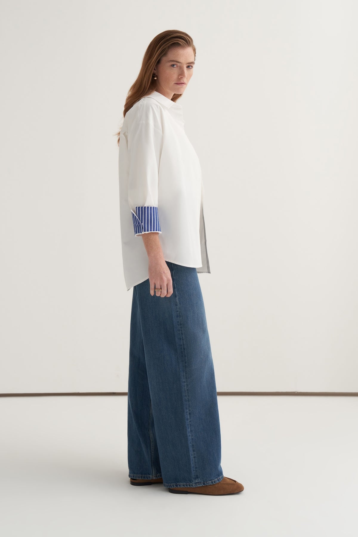 Kadın Poplin Kontrast Manşetli Gömlek Ekru