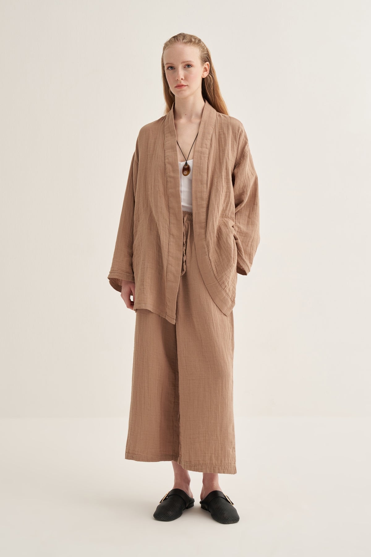 Kadın Müslin Kimono Takım Vizon