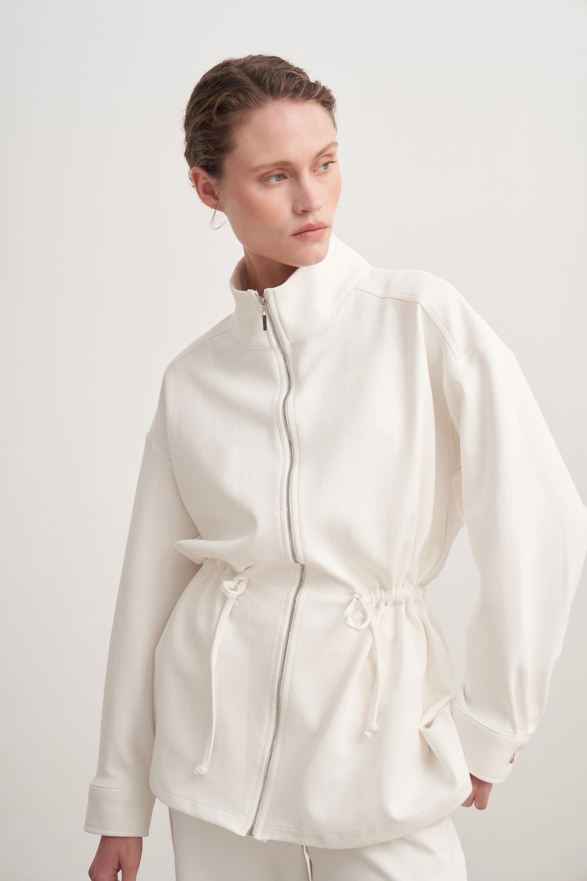 Kadın İnterlok Oversize Spor Ceket Takım Ekru