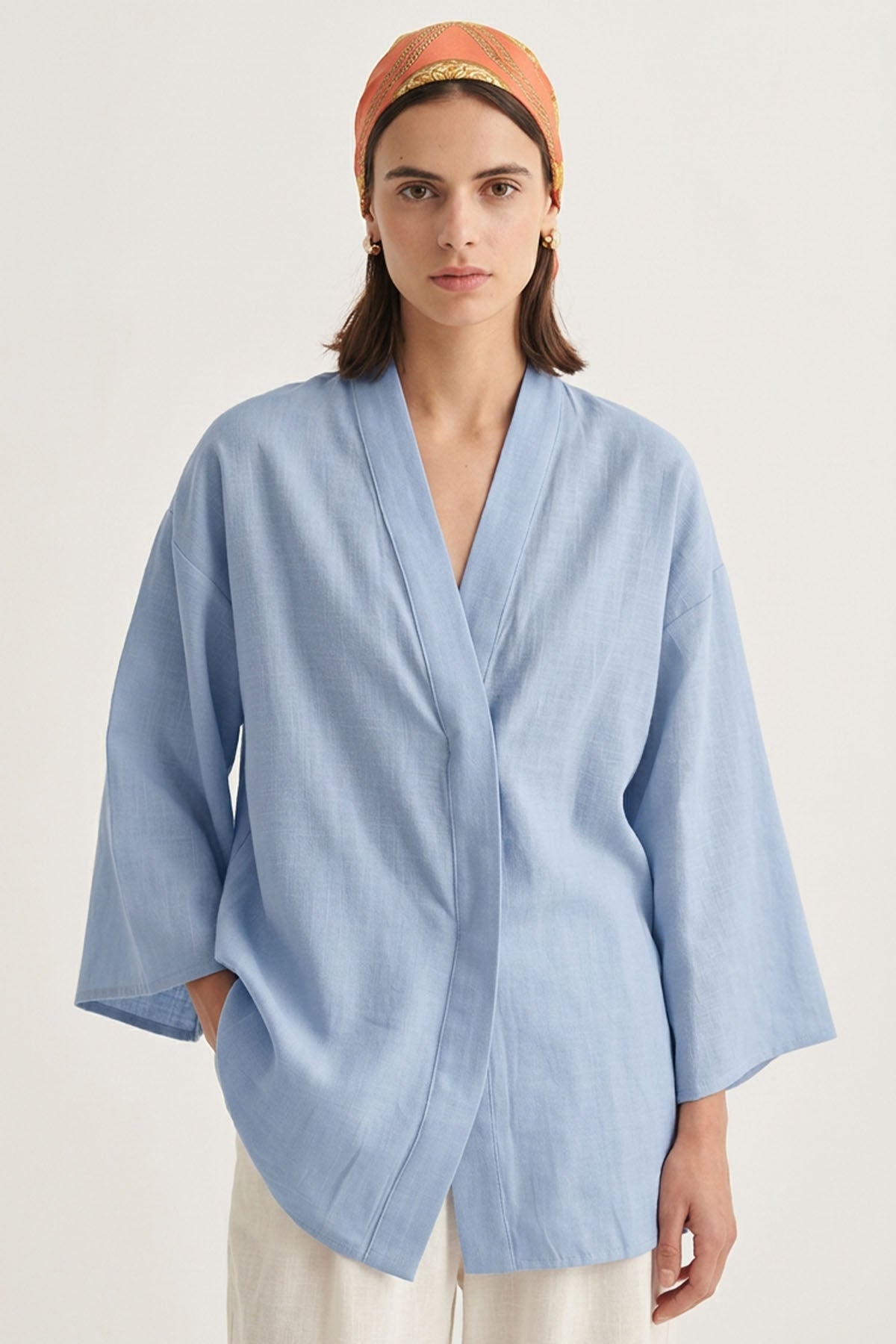Kadın Organik Pamuklu Oversize Kimono Mavi