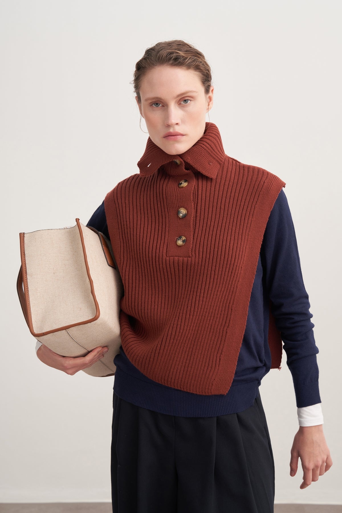 Kadın Düğmeli Triko Süveter Kiremit