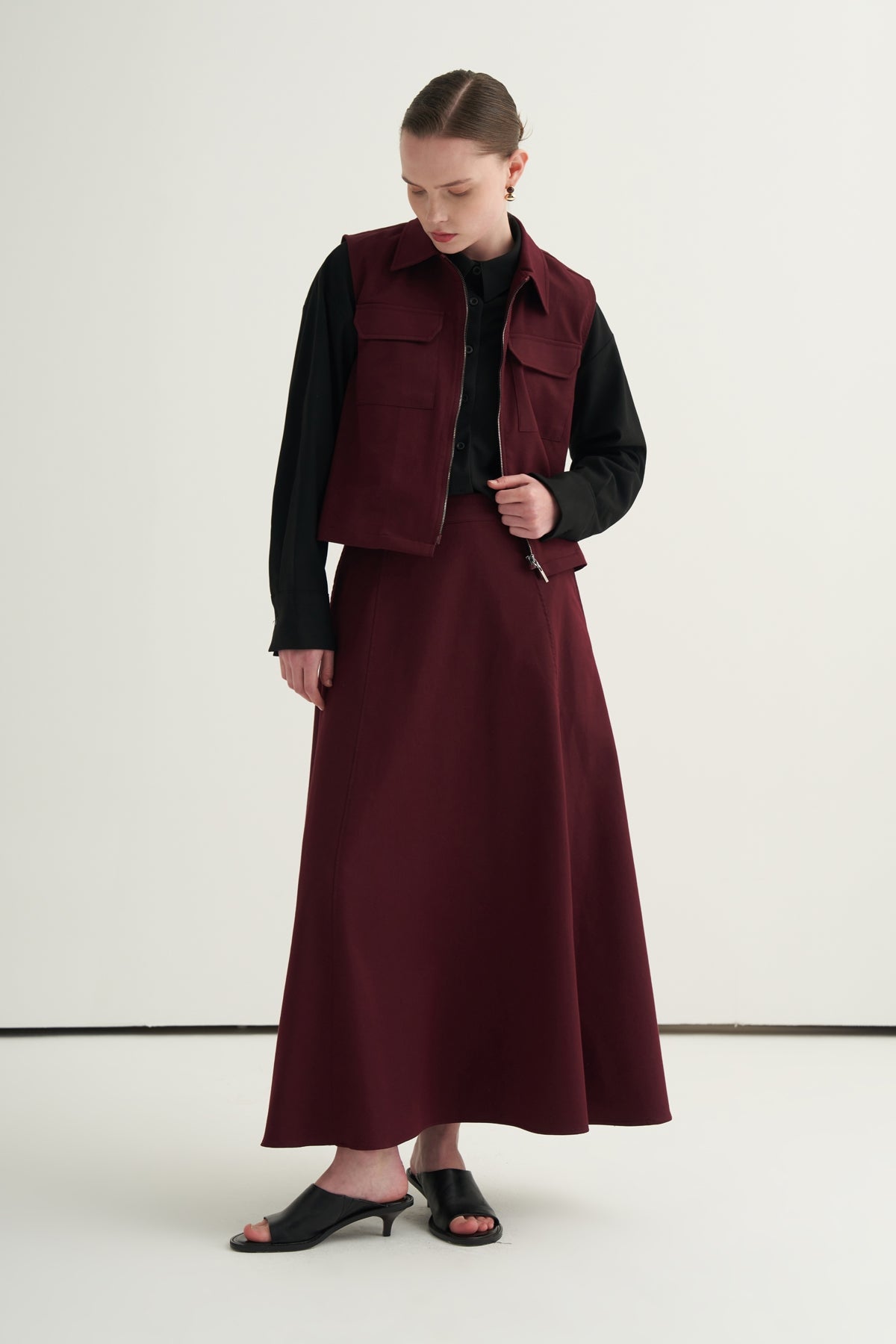 Kadın Gabardin Yelekli Etek Takım Mürdüm