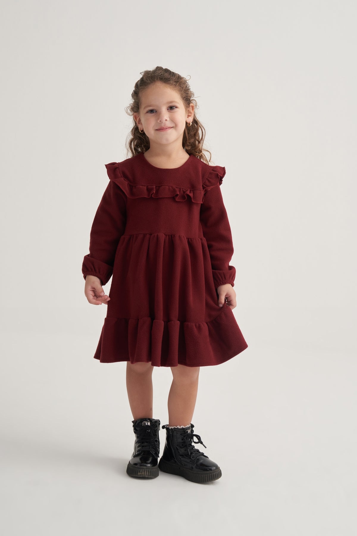 Kız Çocuk Fitilli Kat Kat Fırfırlı Elbise Bordo