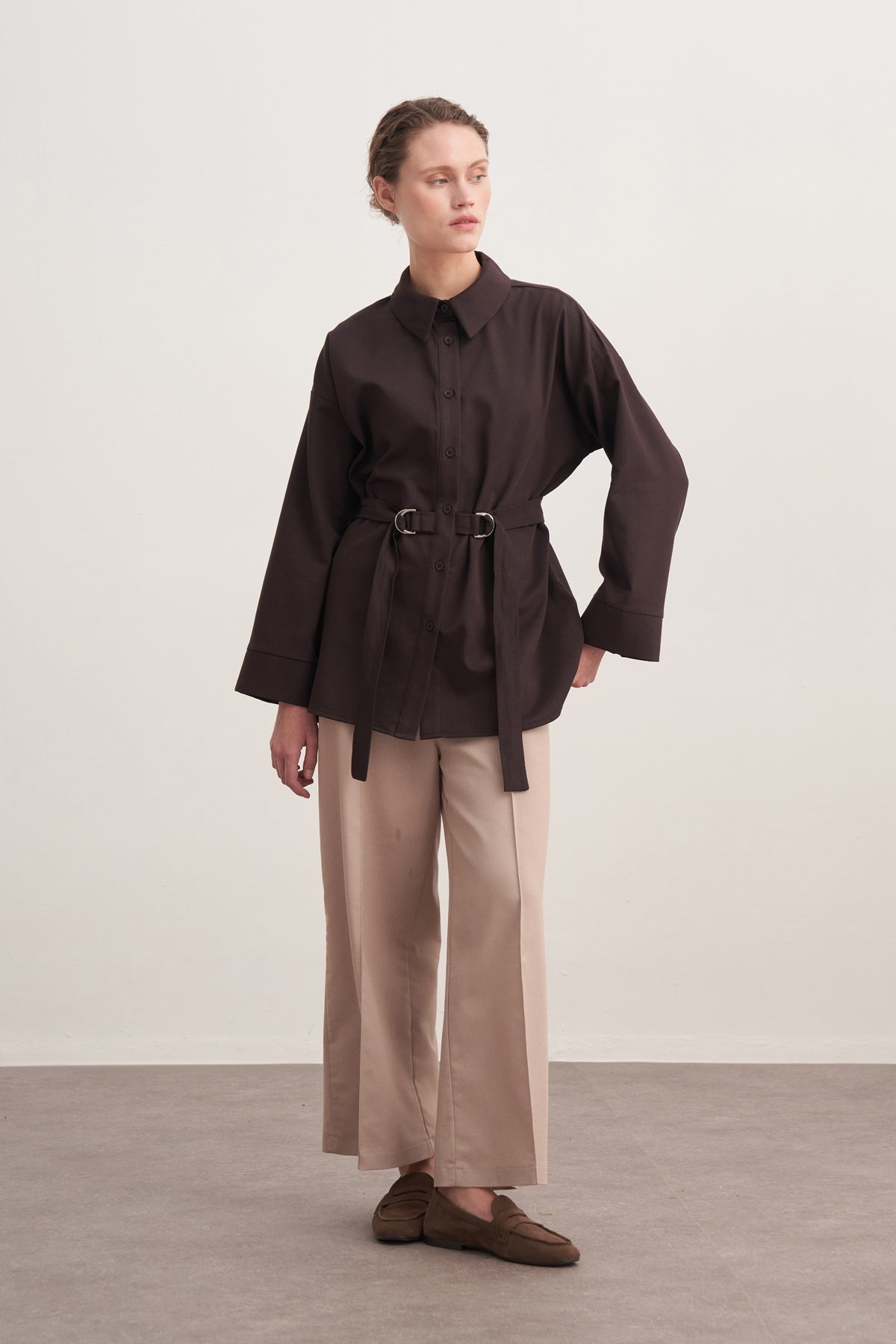 Kadın Gabardin Kemerli Gömlek Kahve