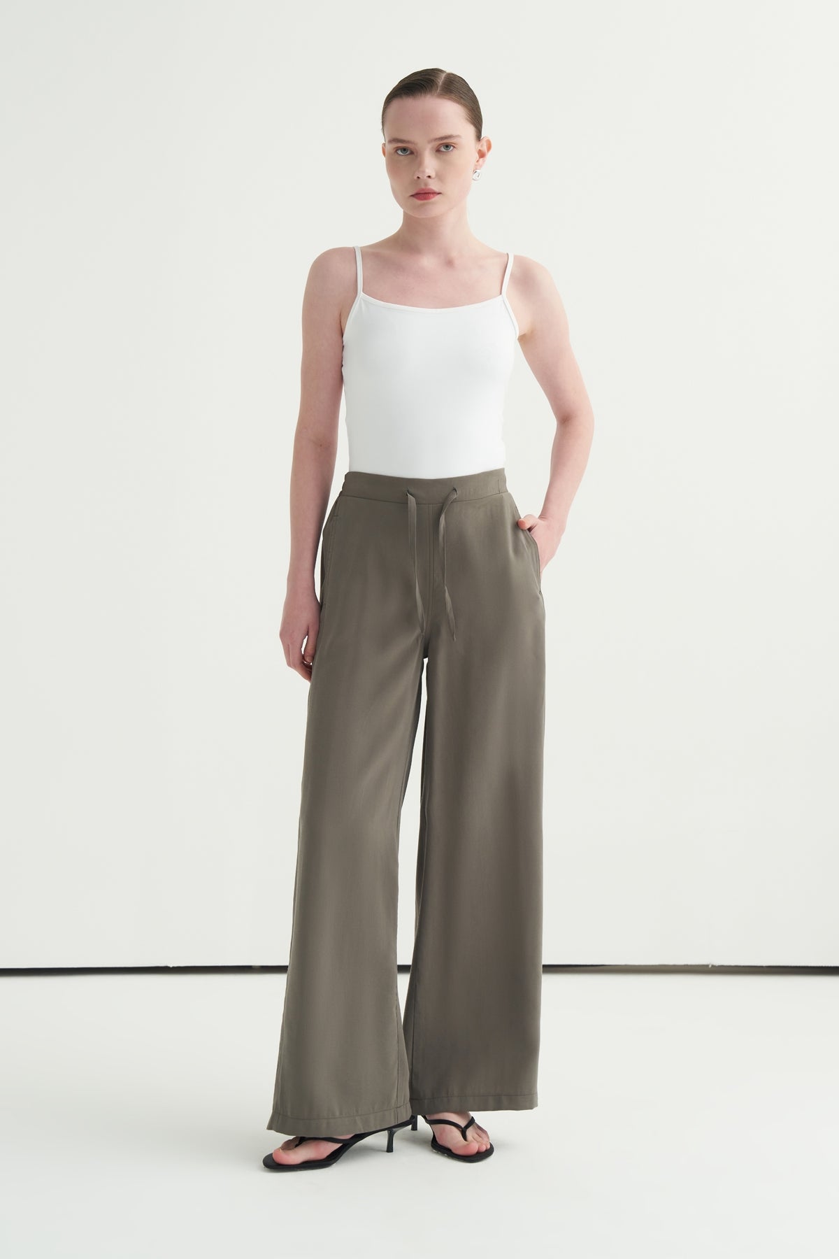 Kadın Modal Bağcıklı Palazzo Pantolon Haki
