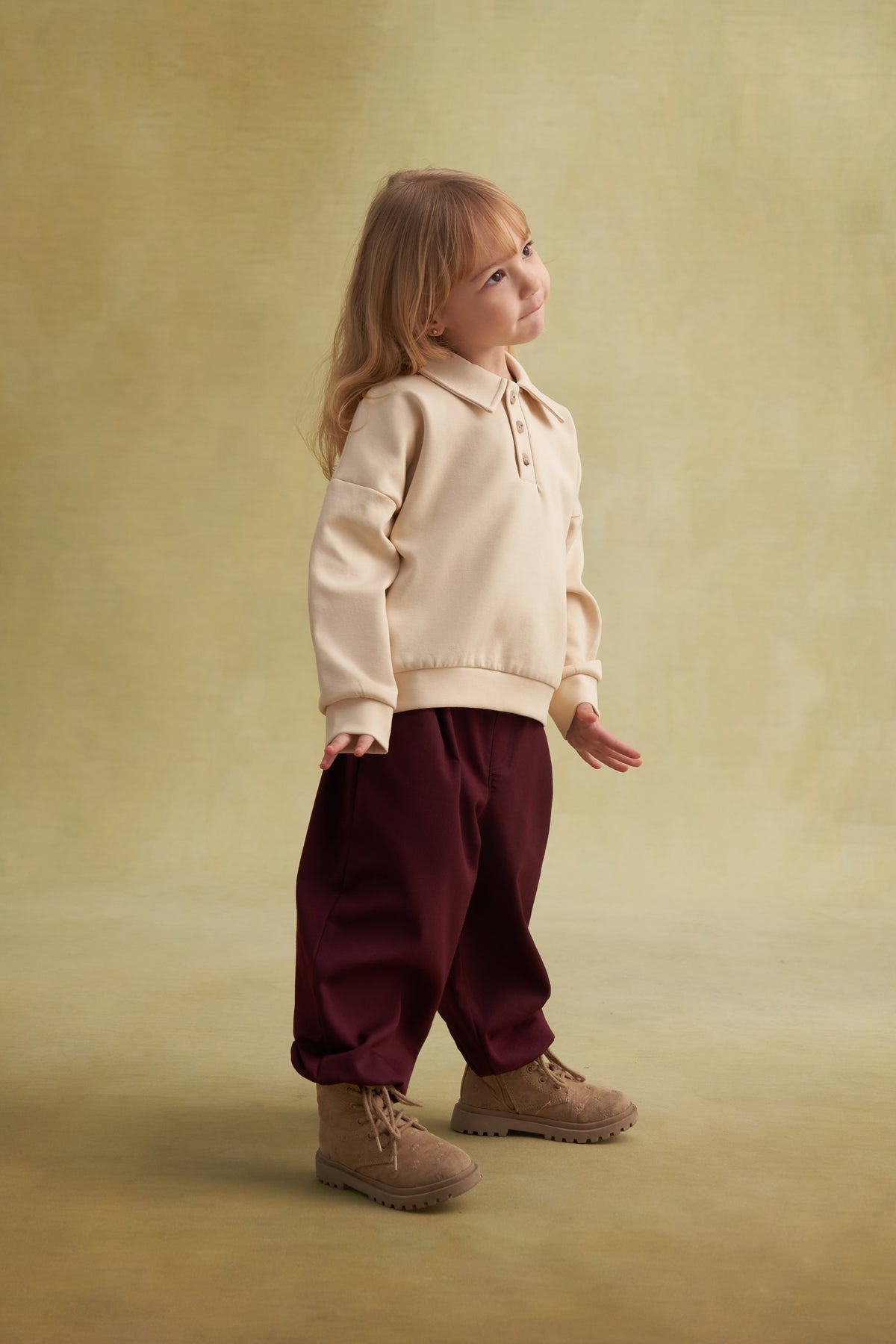 Unisex Çocuk Gabardin Paça Detaylı Pantolon Mürdüm