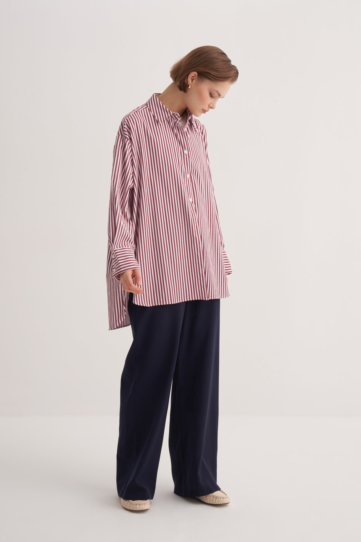 Kadın Poplin Oversize Robalı Gömlek Çizgili Bordo