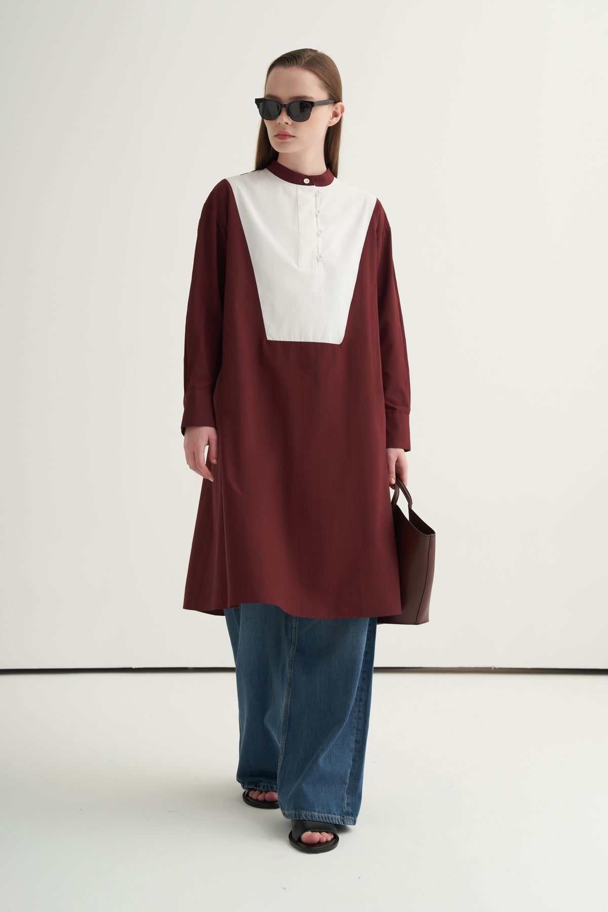 Kadın Hakim Yaka Kontrast Tunik Bordo